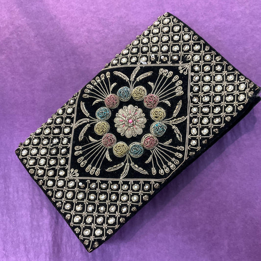 Vintage 1940s Indian Zardosi Embroidered Floral Evening Bag, Black velvet with traditional gold wirework and crystal beads, formal event