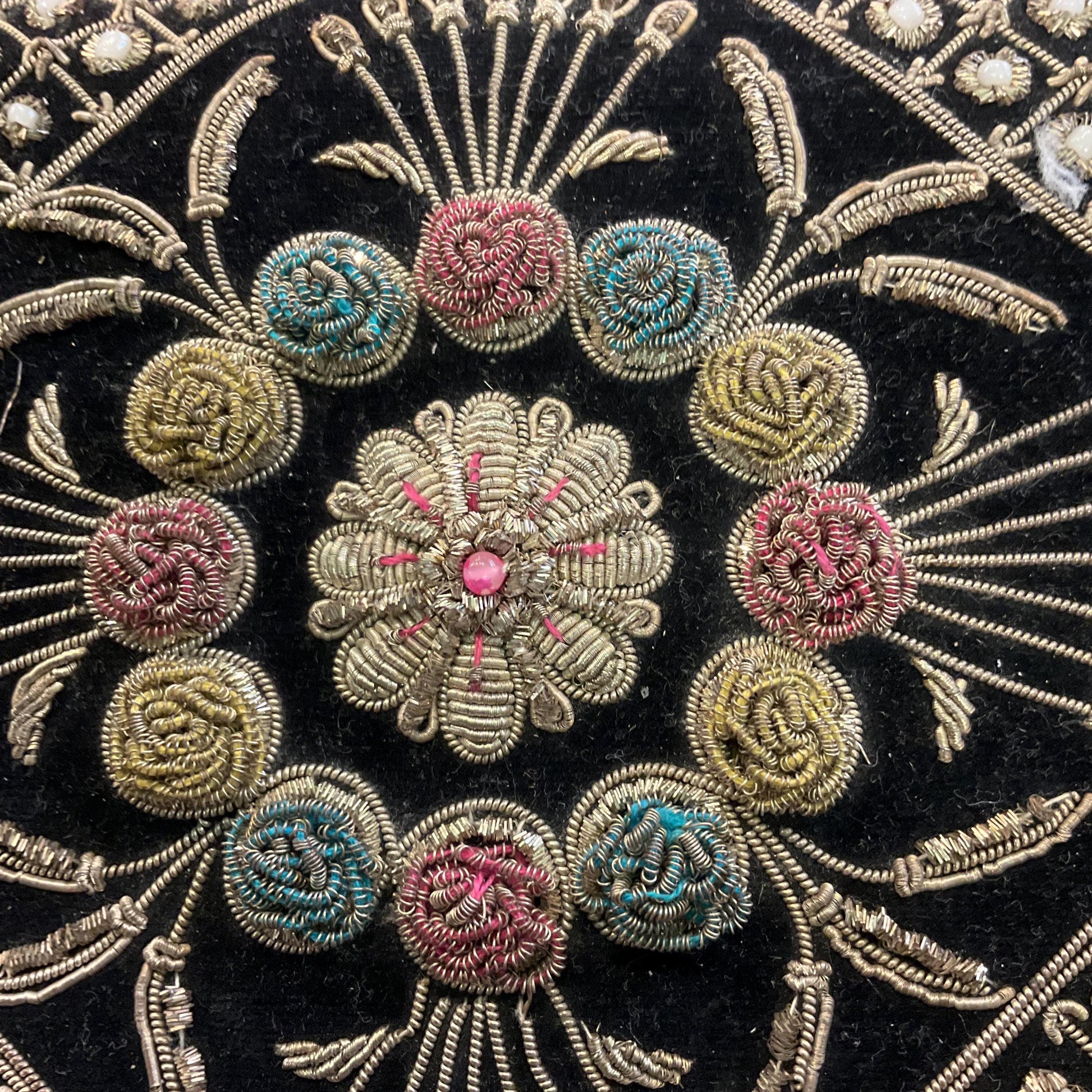 Vintage 1940s Indian Zardosi Embroidered Floral Evening Bag, Black velvet with traditional gold wirework and crystal beads, formal event