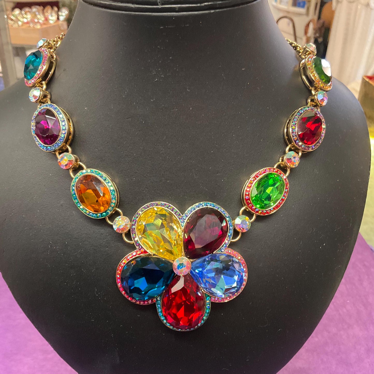 Vintage Butler and Wilson Statement Rainbow Crystal Flower Necklace, Gold Tone with multicoloured crystals & Aurora Borealis Rhinestone