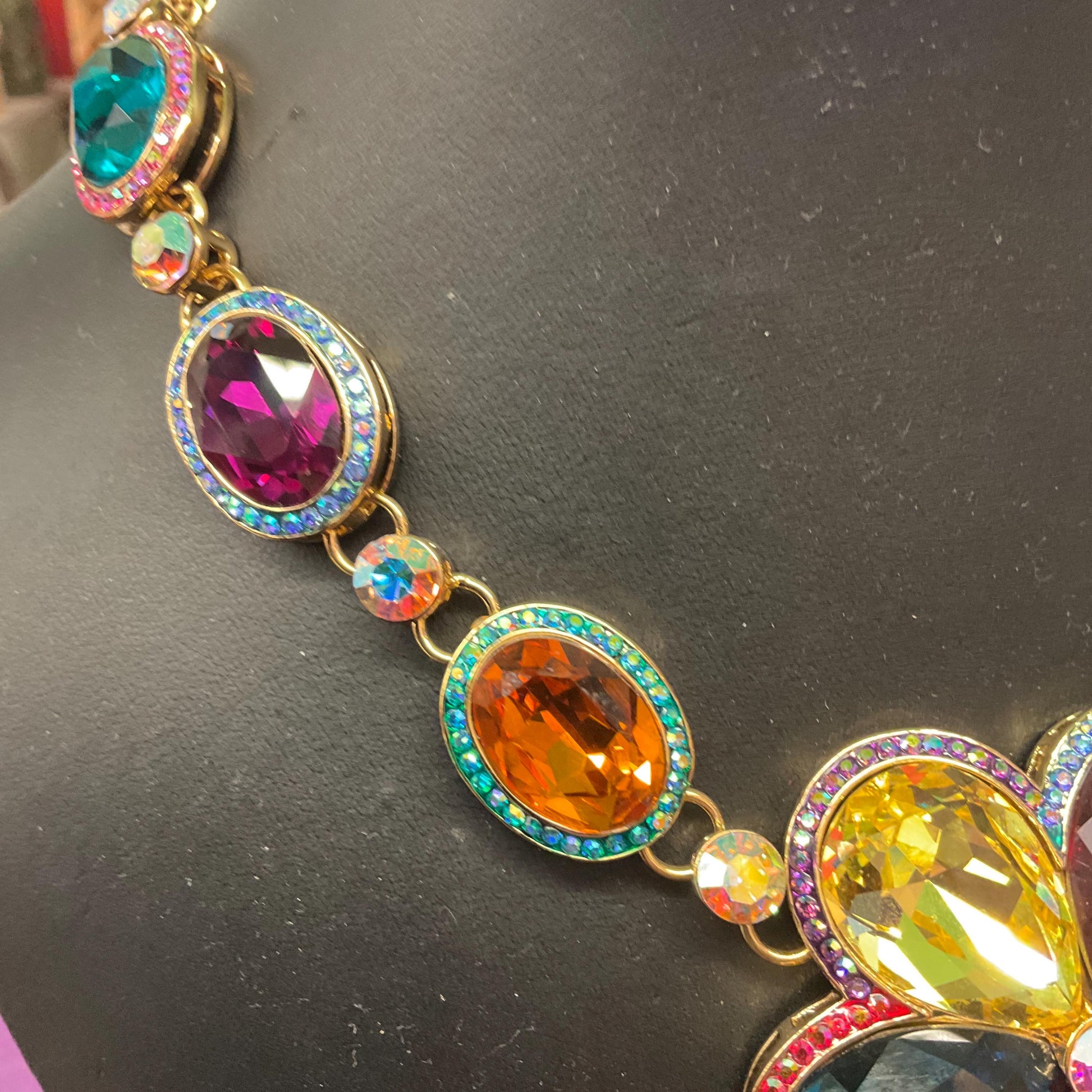 Vintage Butler and Wilson Statement Rainbow Crystal Flower Necklace, Gold Tone with multicoloured crystals & Aurora Borealis Rhinestone