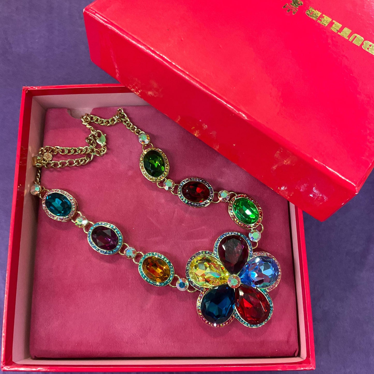 Vintage Butler and Wilson Statement Rainbow Crystal Flower Necklace, Gold Tone with multicoloured crystals & Aurora Borealis Rhinestone