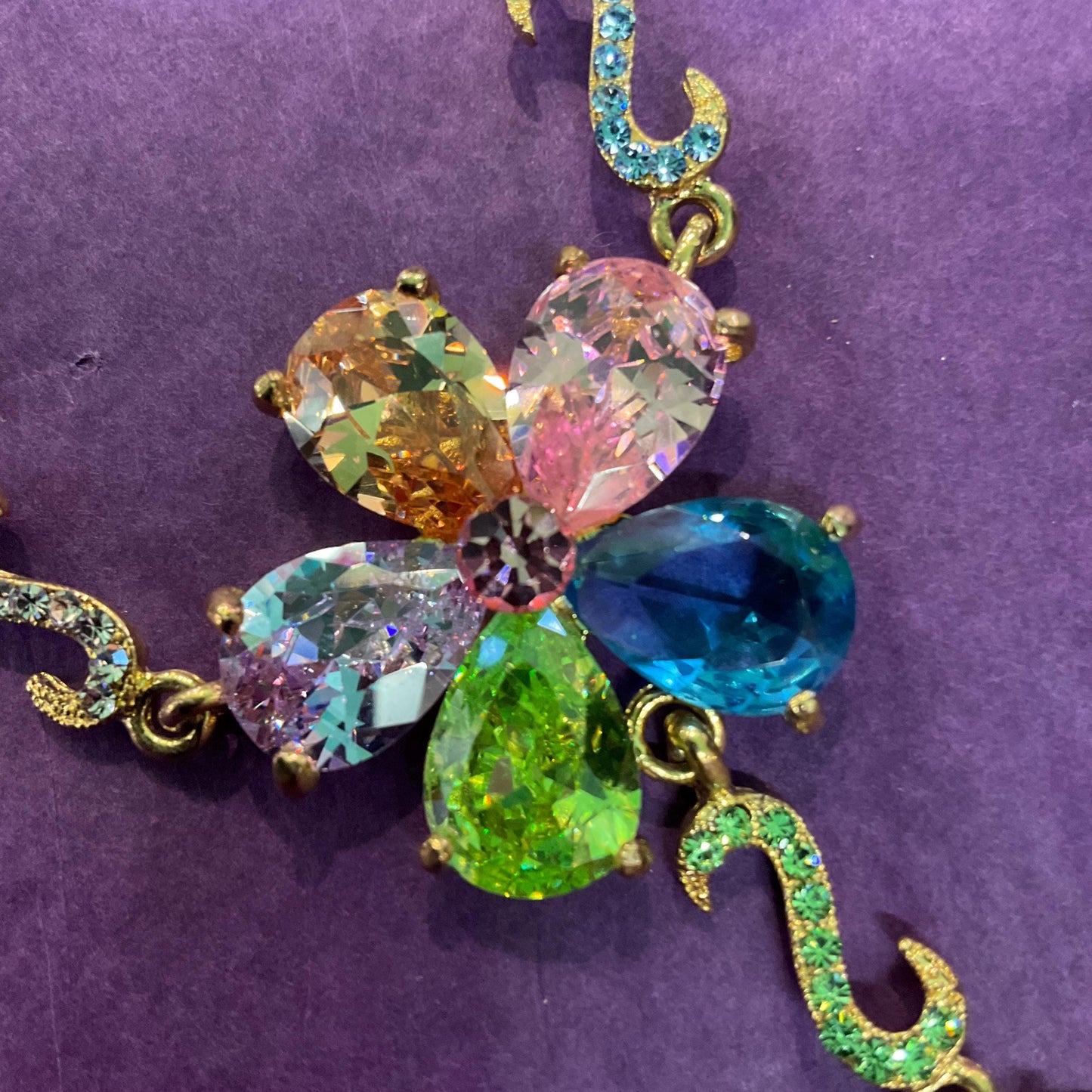 Vintage Butler and Wilson Floral Drop Crystal Necklace, Gold tone with rainbow Crystals & rhinestones, signed in Original Box