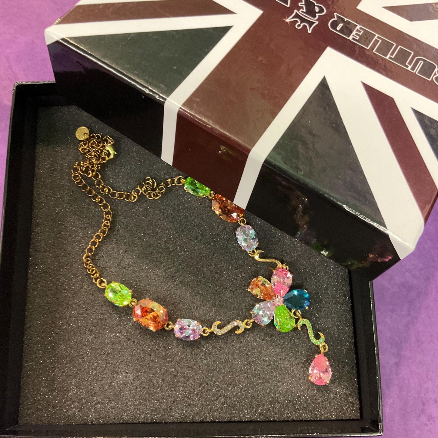 Vintage Butler and Wilson Floral Drop Crystal Necklace, Gold tone with rainbow Crystals & rhinestones, signed in Original Box