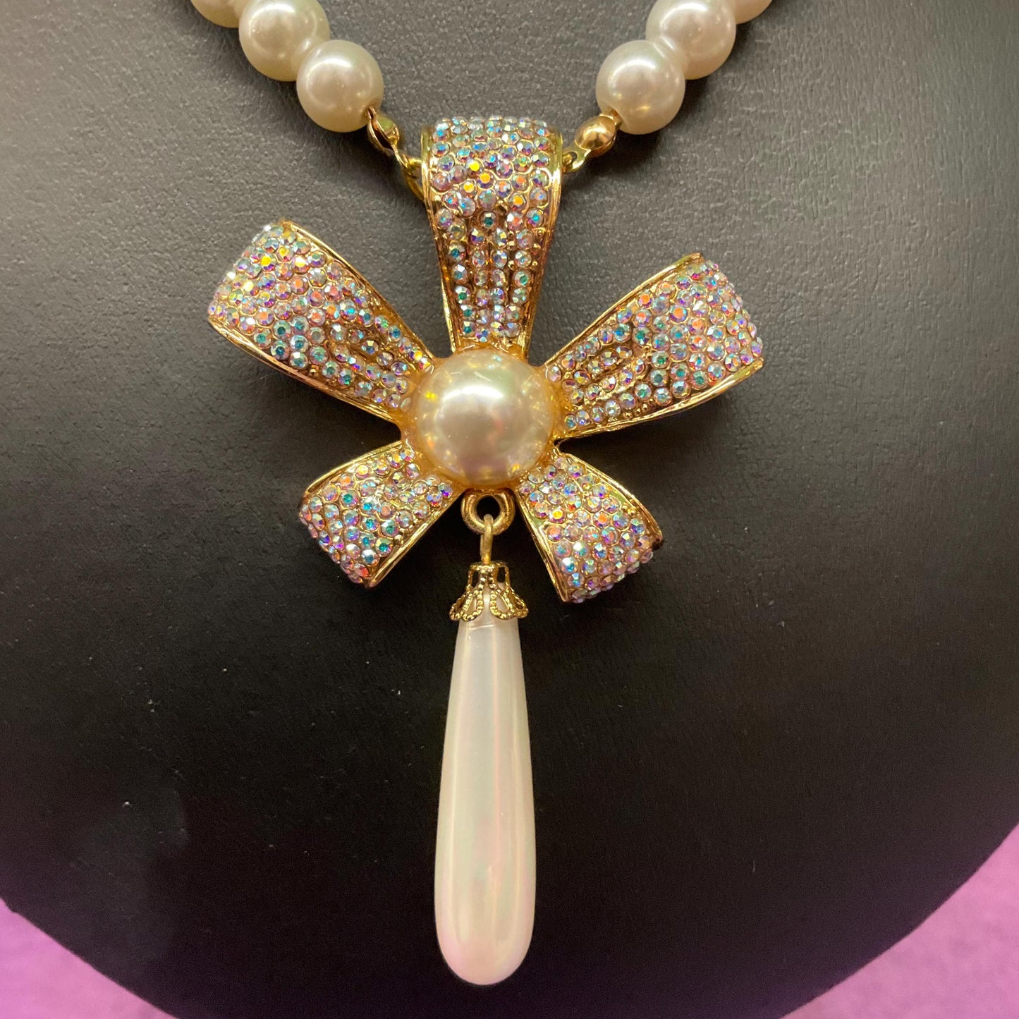 Vintage Butler and Wilson Faux Pearl and Crystal Bow ‘Y’ Drop Necklace, Gold tone with white pearls & Aurora Borealis Rhinestones