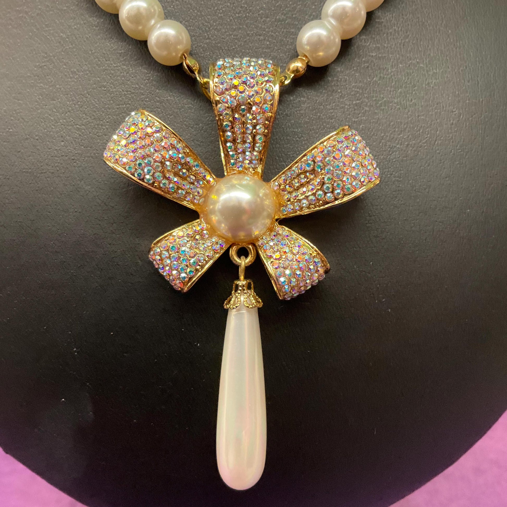 Vintage Butler and Wilson Faux Pearl and Crystal Bow ‘Y’ Drop Necklace, Gold tone with white pearls & Aurora Borealis Rhinestones