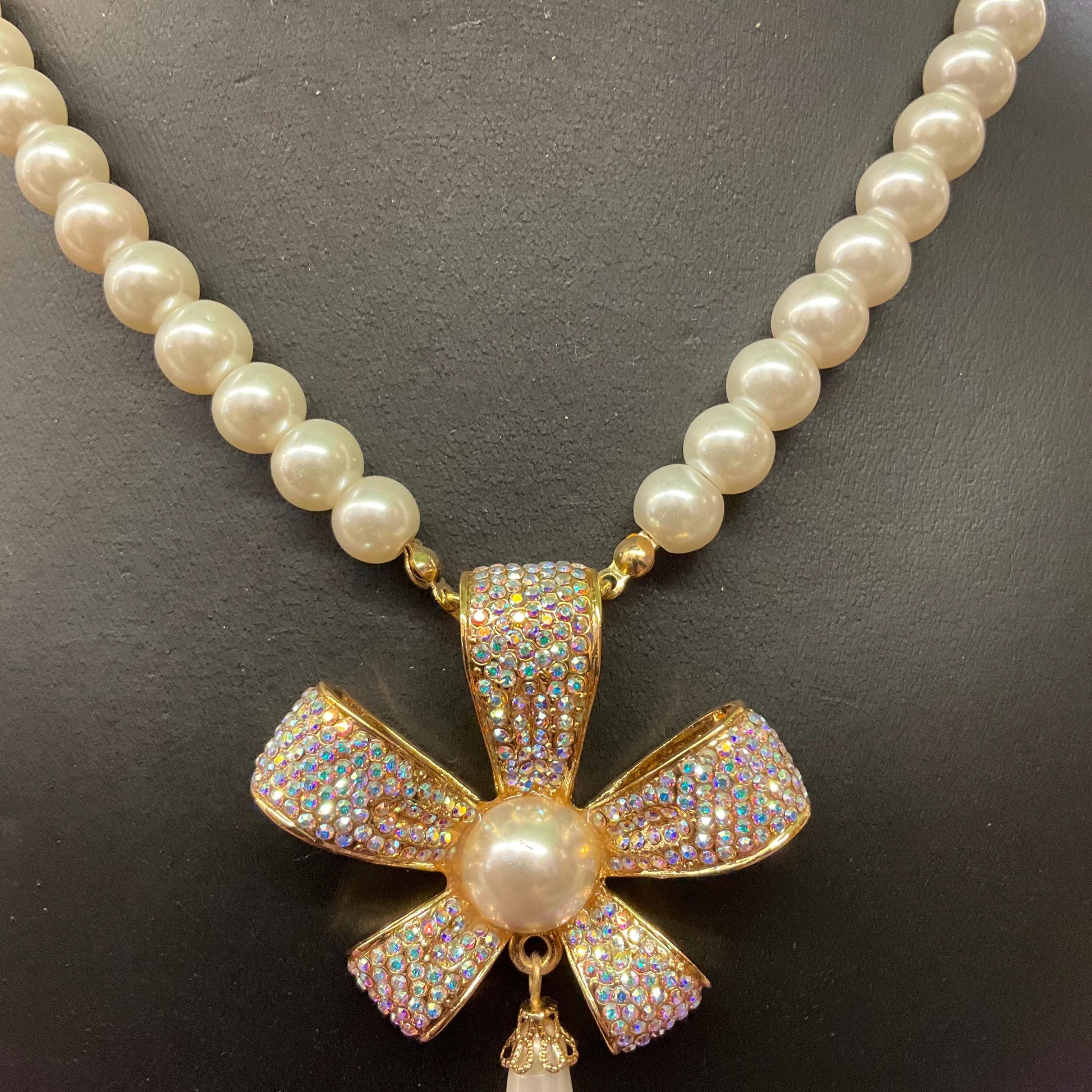 Vintage Butler and Wilson Faux Pearl and Crystal Bow ‘Y’ Drop Necklace, Gold tone with white pearls & Aurora Borealis Rhinestones