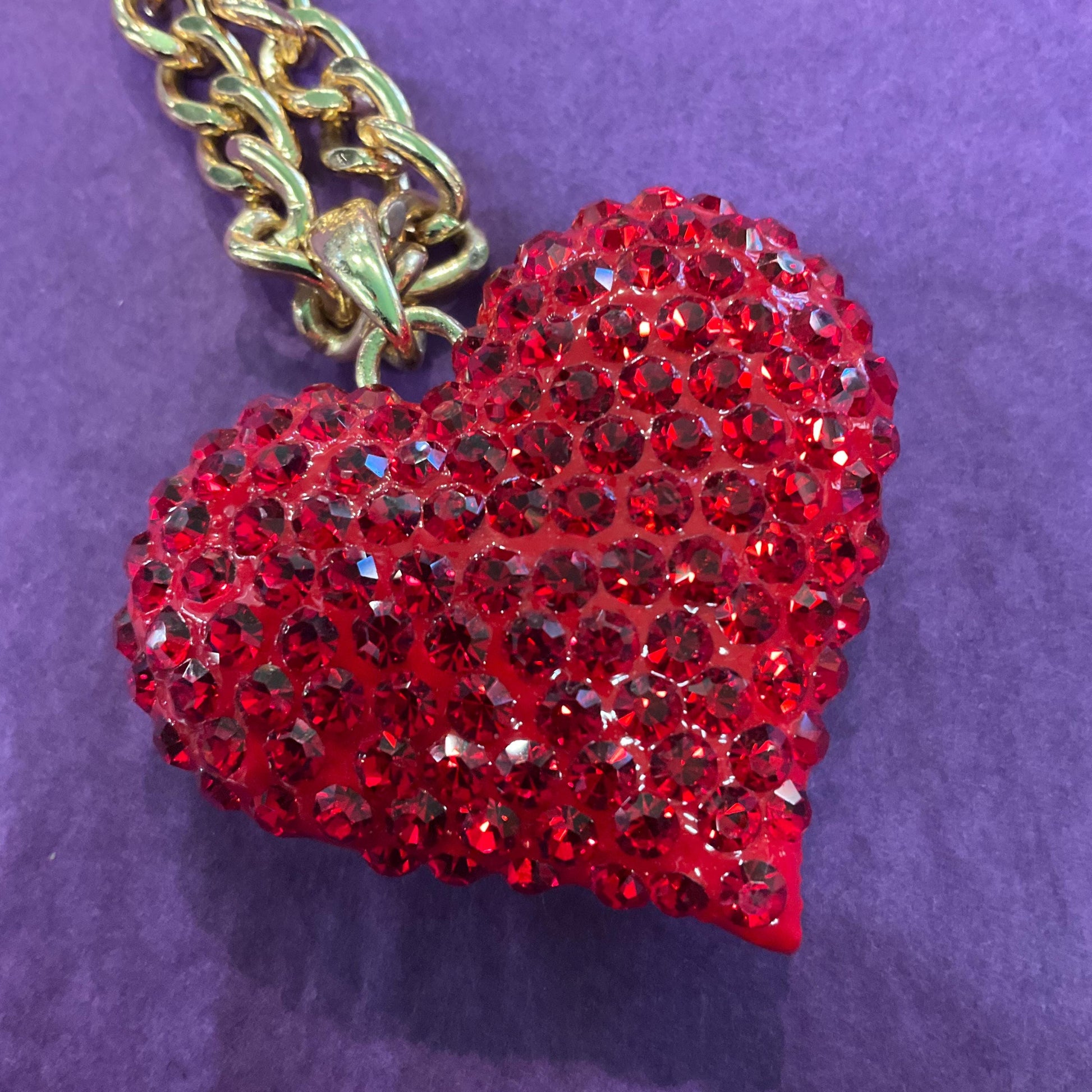 Vintage Butler and Wilson Red Heart Long Crystal Pendant, Gold tone with rhinestone crystals and curb chain, Signed in Original Box