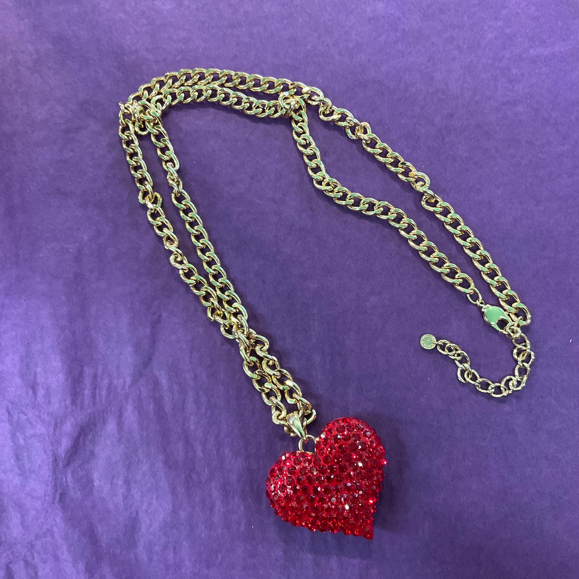 Vintage Butler and Wilson Red Heart Long Crystal Pendant, Gold tone with rhinestone crystals and curb chain, Signed in Original Box