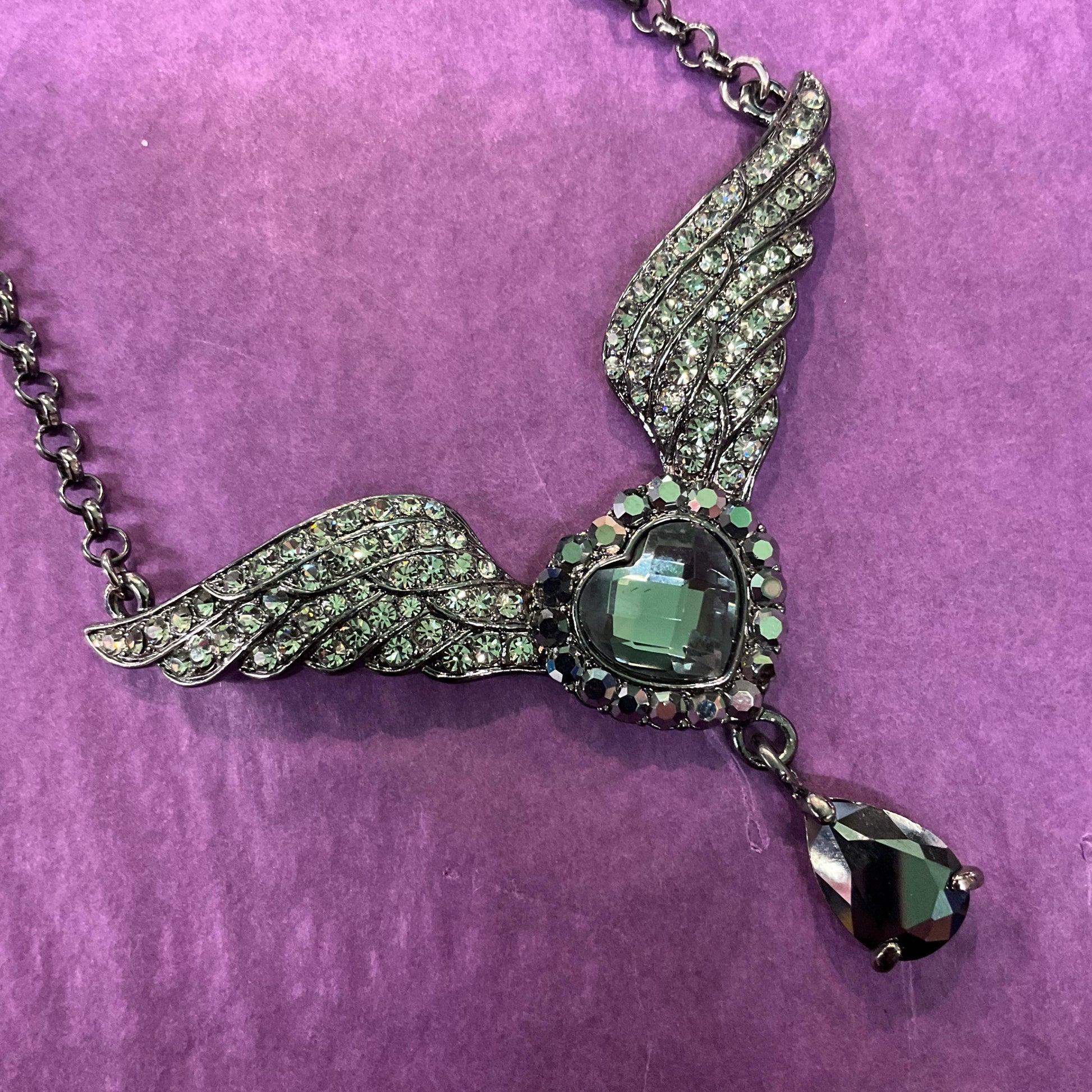 Vintage Butler and Wilson Graphire Crystal Angel Wing & Heart Pendant, Dark Pewter tone with Pewter and Black Crystals, Signed