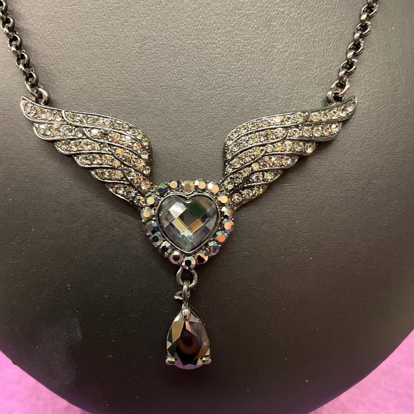 Vintage Butler and Wilson Graphire Crystal Angel Wing & Heart Pendant, Dark Pewter tone with Pewter and Black Crystals, Signed