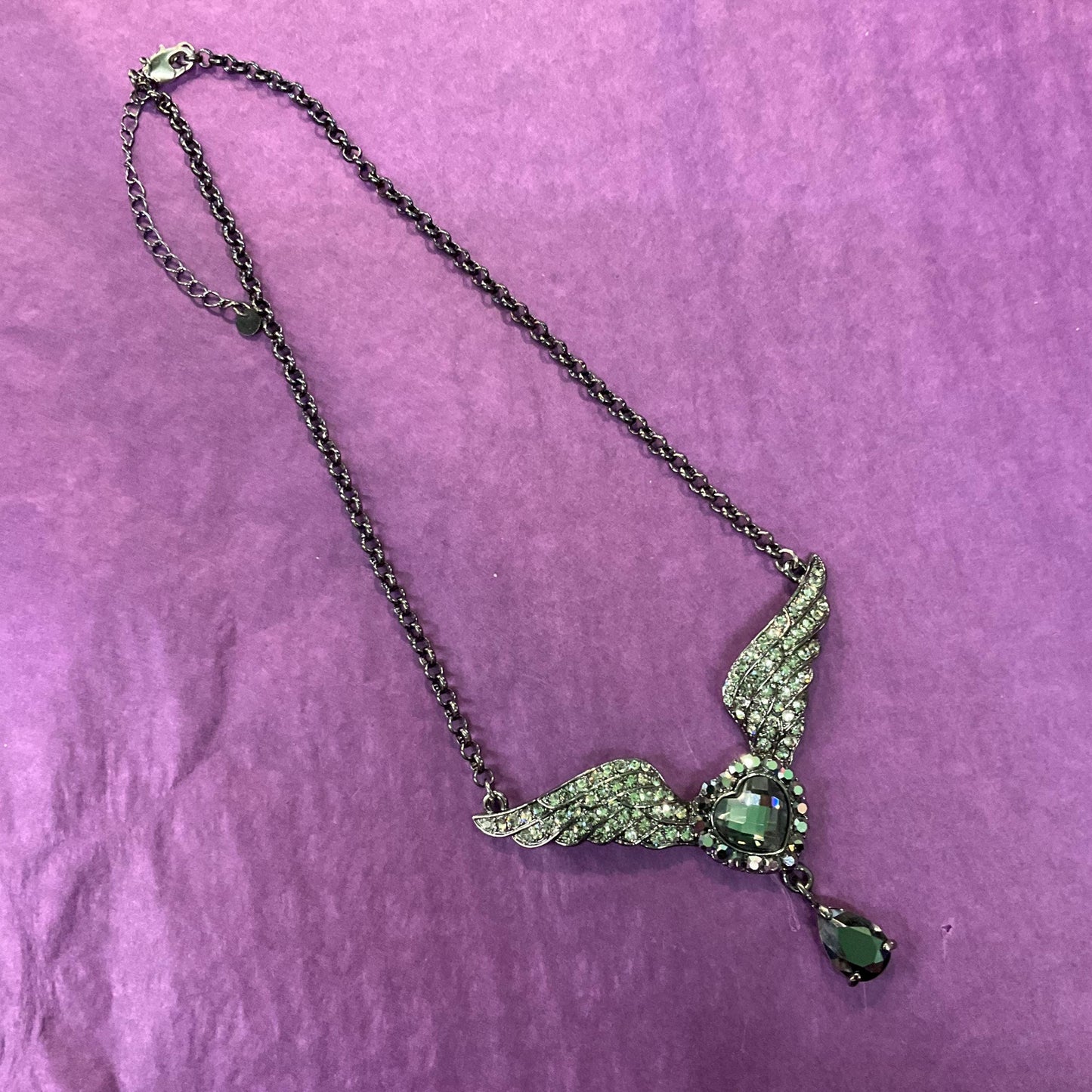 Vintage Butler and Wilson Graphire Crystal Angel Wing & Heart Pendant, Dark Pewter tone with Pewter and Black Crystals, Signed