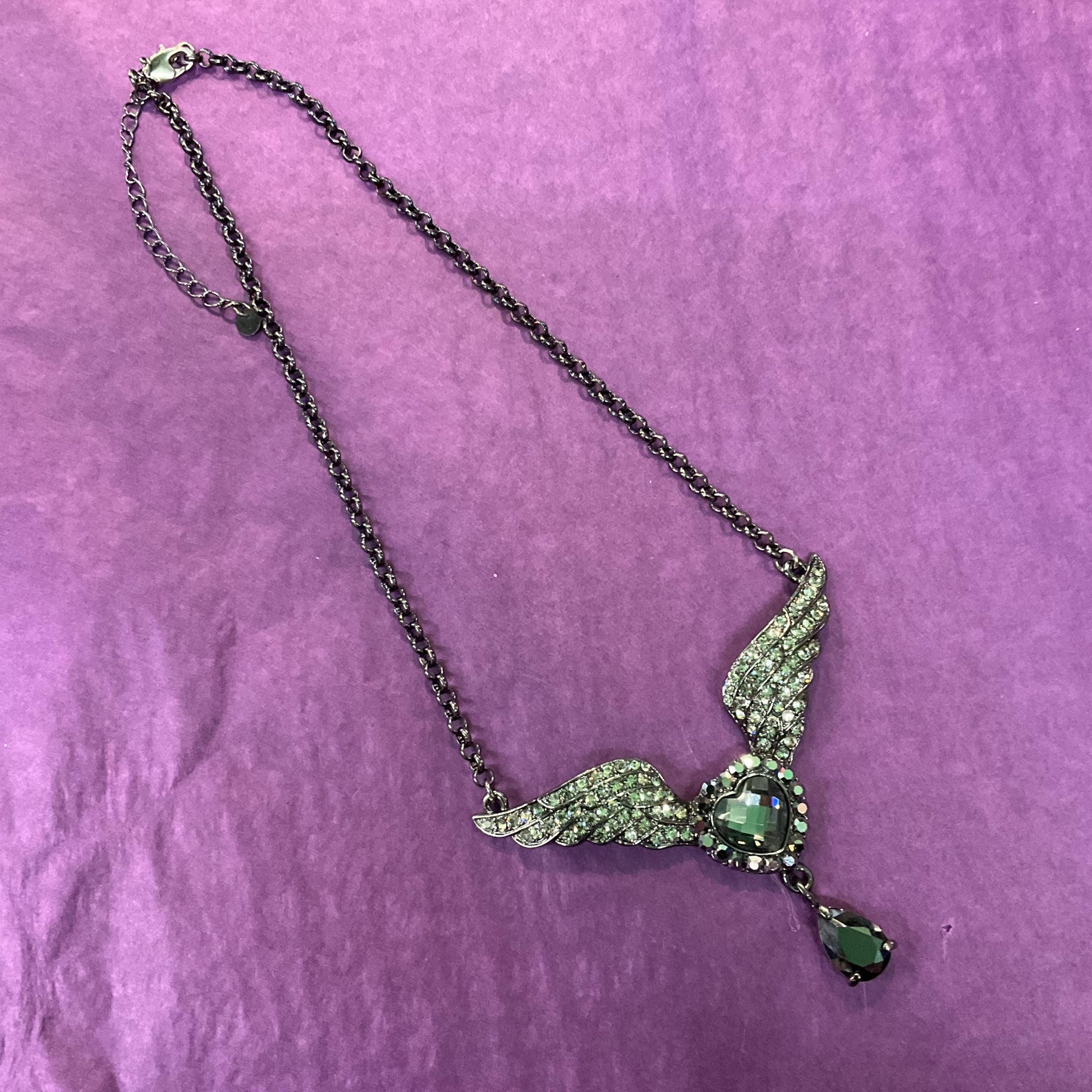 Vintage Butler and Wilson Graphire Crystal Angel Wing & Heart Pendant, Dark Pewter tone with Pewter and Black Crystals, Signed