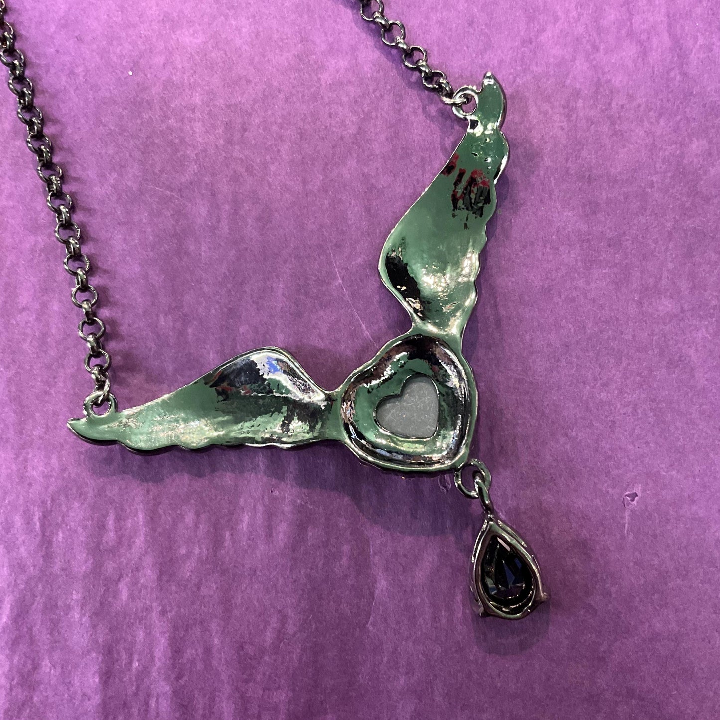 Vintage Butler and Wilson Graphire Crystal Angel Wing & Heart Pendant, Dark Pewter tone with Pewter and Black Crystals, Signed