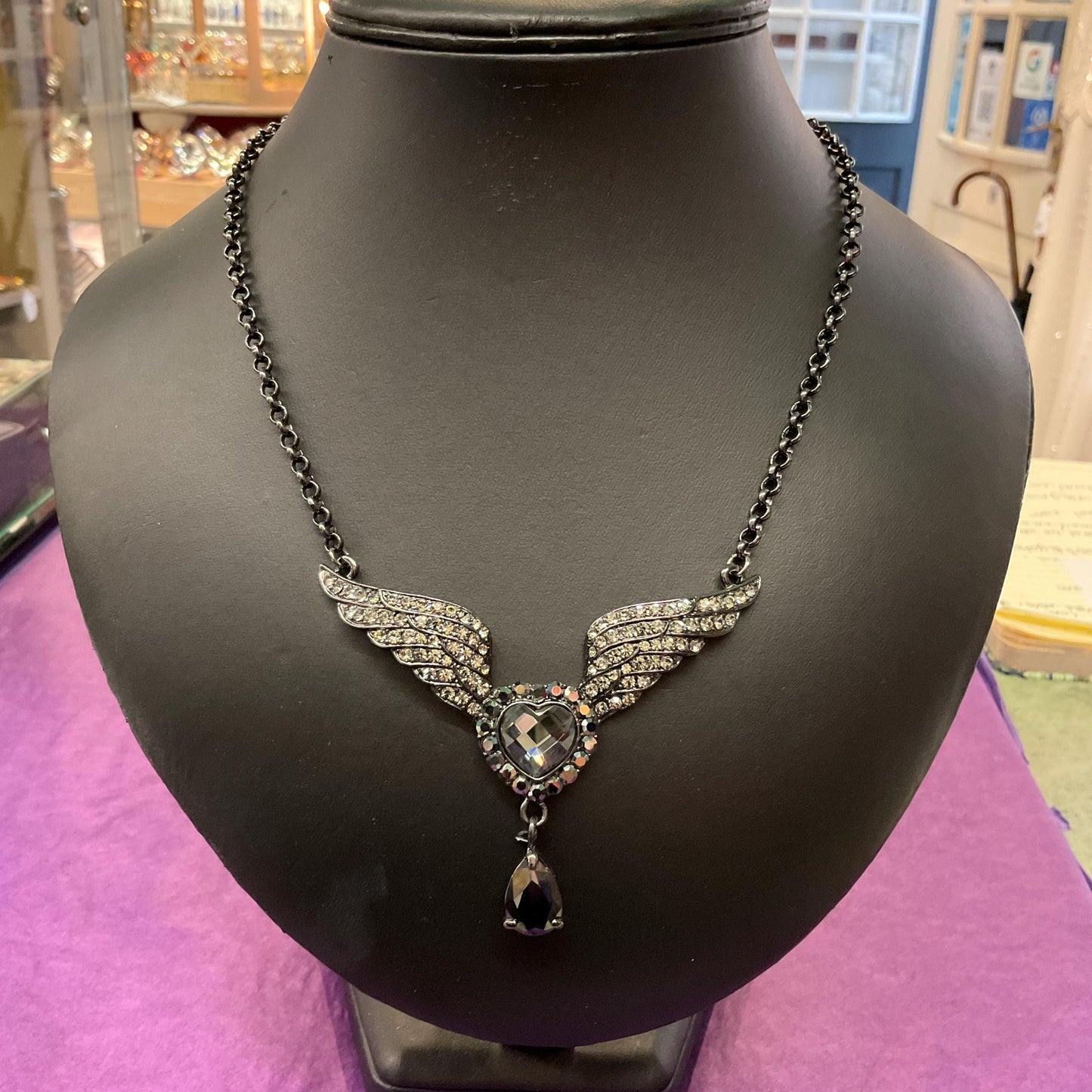 Vintage Butler and Wilson Graphire Crystal Angel Wing & Heart Pendant, Dark Pewter tone with Pewter and Black Crystals, Signed