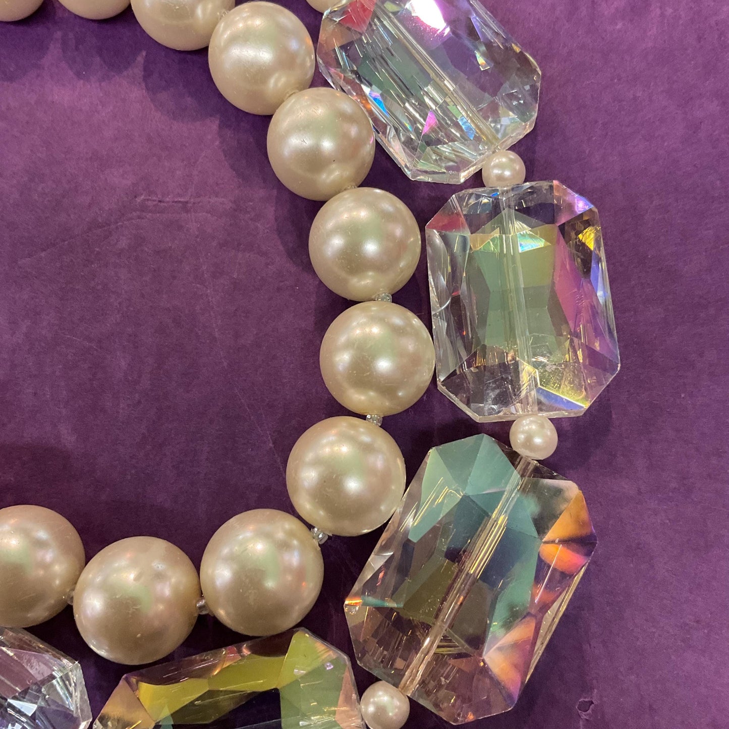 Vintage Butler and Wilson Faux Pearl & Rainbow Crystal Twin Row Necklace ,Graduated Ivory faux Pearls and Aurora Borealis Crystals