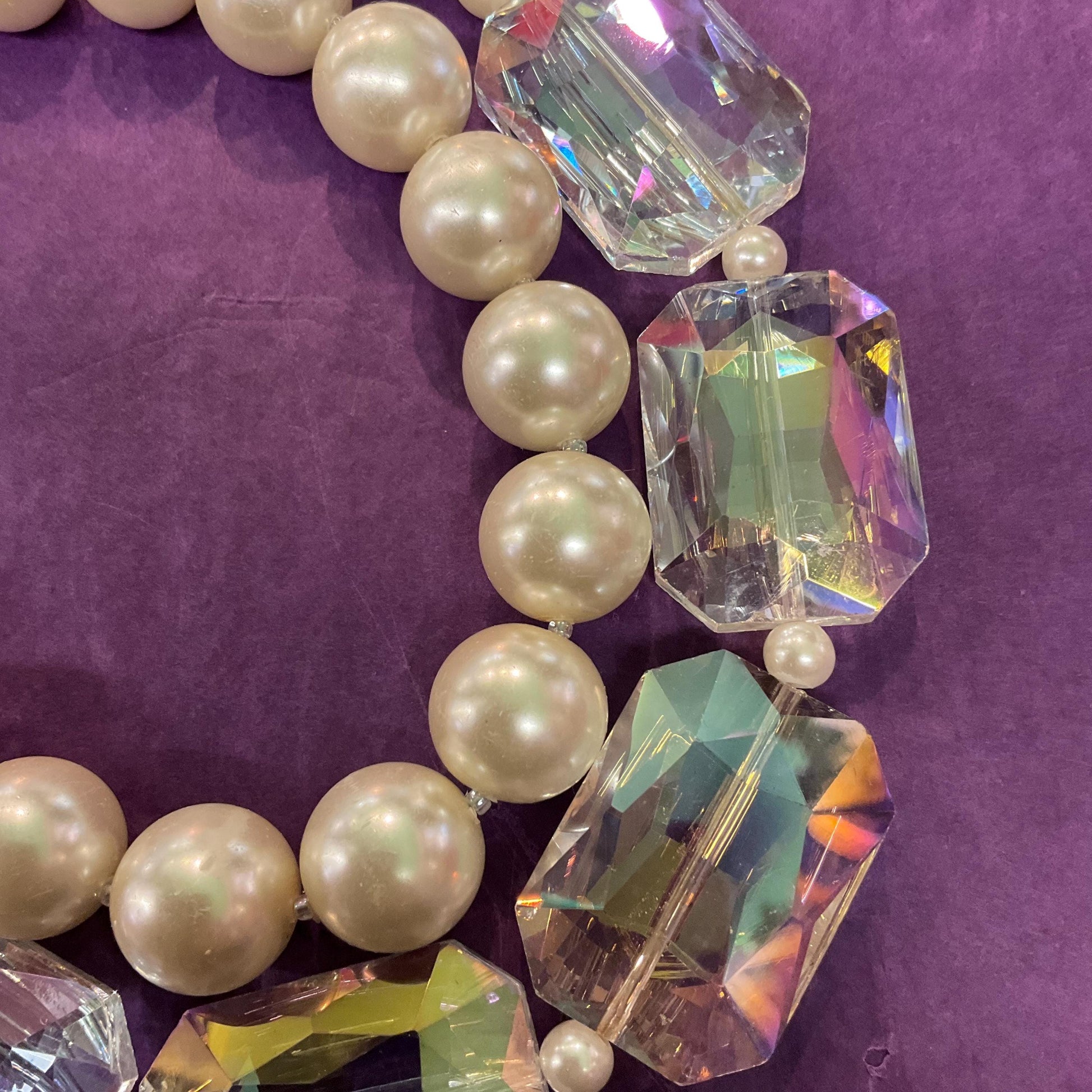 Vintage Butler and Wilson Faux Pearl & Rainbow Crystal Twin Row Necklace ,Graduated Ivory faux Pearls and Aurora Borealis Crystals