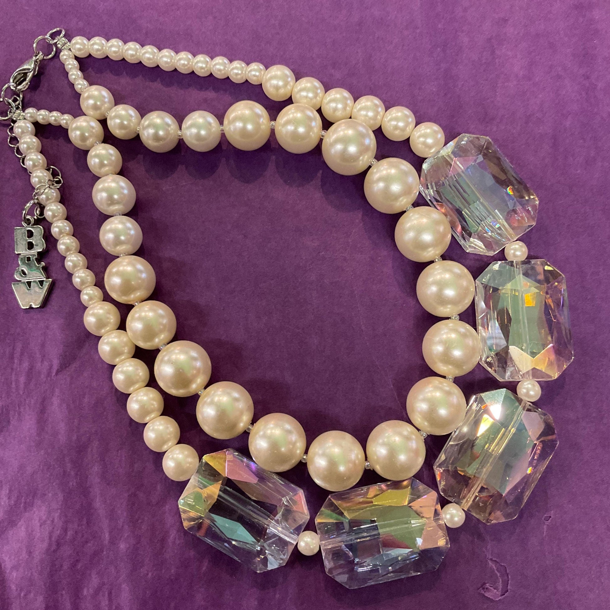 Vintage Butler and Wilson Faux Pearl & Rainbow Crystal Twin Row Necklace ,Graduated Ivory faux Pearls and Aurora Borealis Crystals