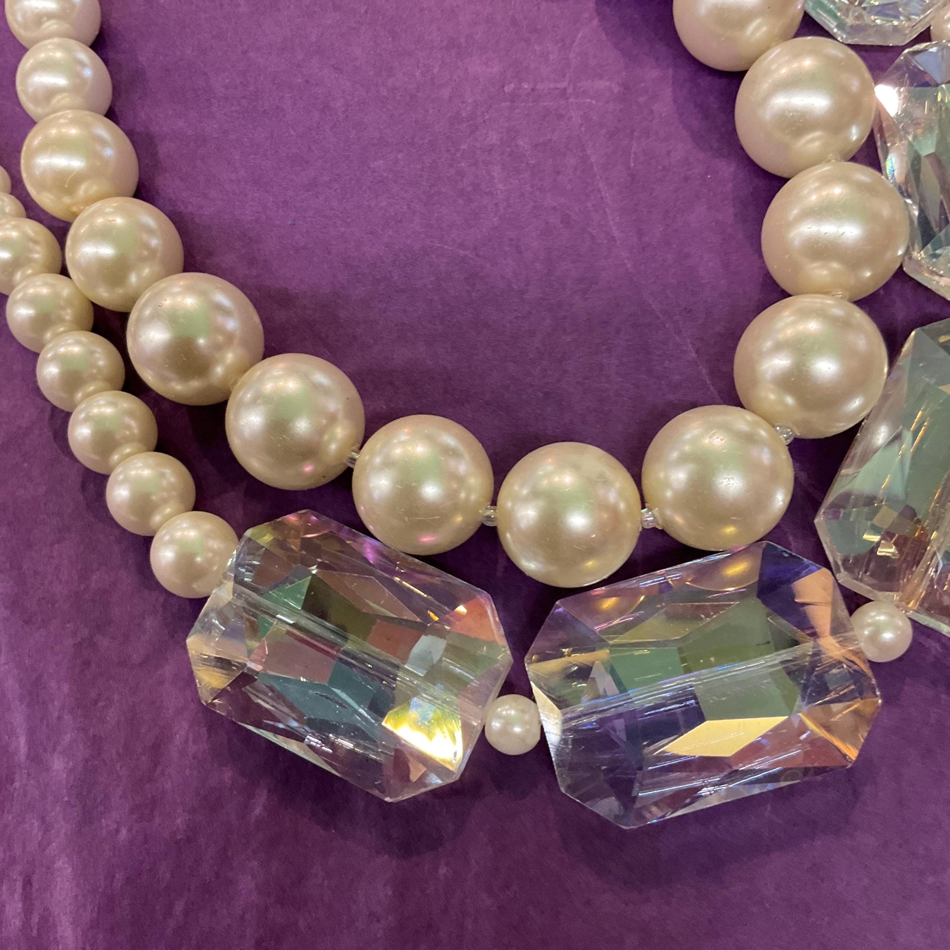 Vintage Butler and Wilson Faux Pearl & Rainbow Crystal Twin Row Necklace ,Graduated Ivory faux Pearls and Aurora Borealis Crystals