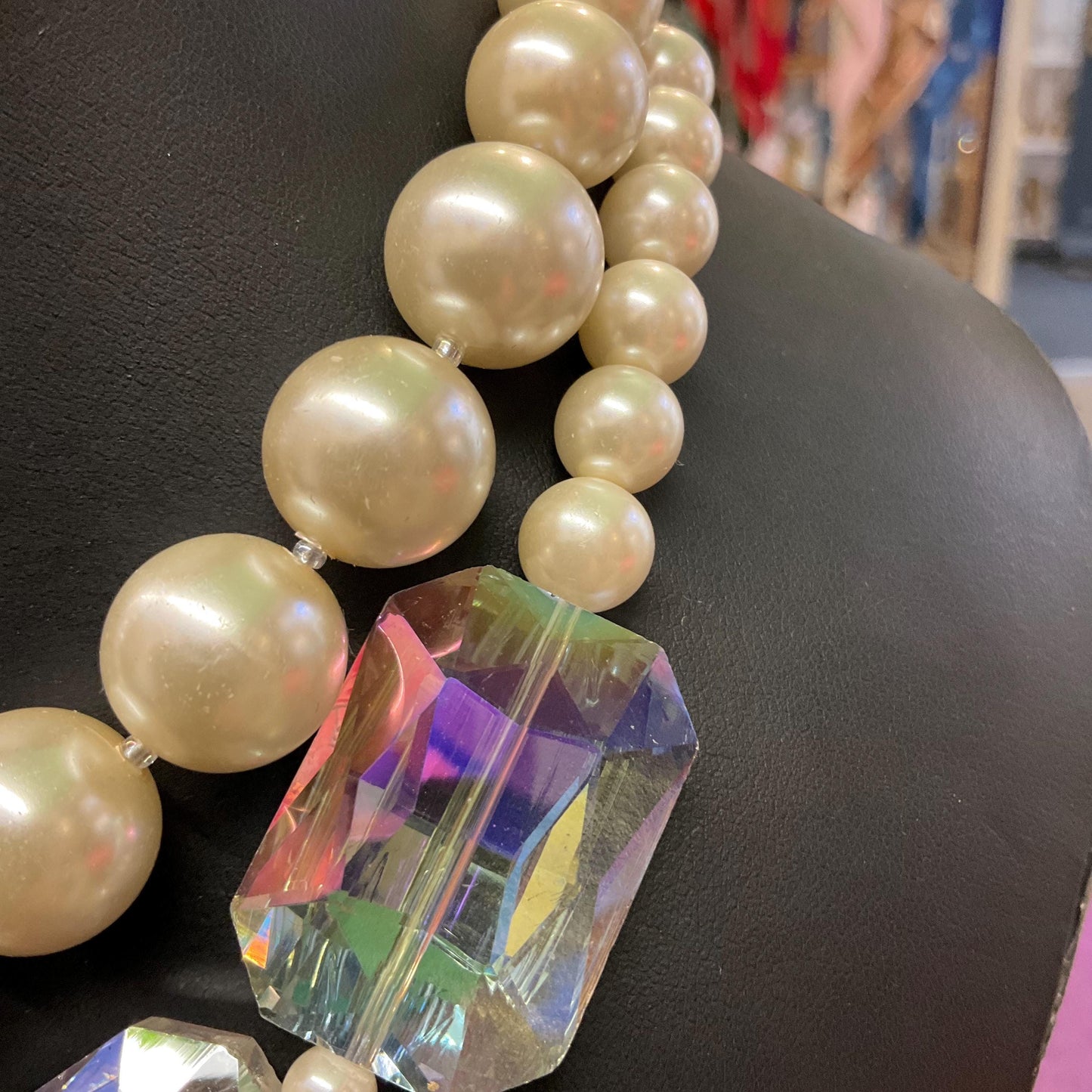 Vintage Butler and Wilson Faux Pearl & Rainbow Crystal Twin Row Necklace ,Graduated Ivory faux Pearls and Aurora Borealis Crystals