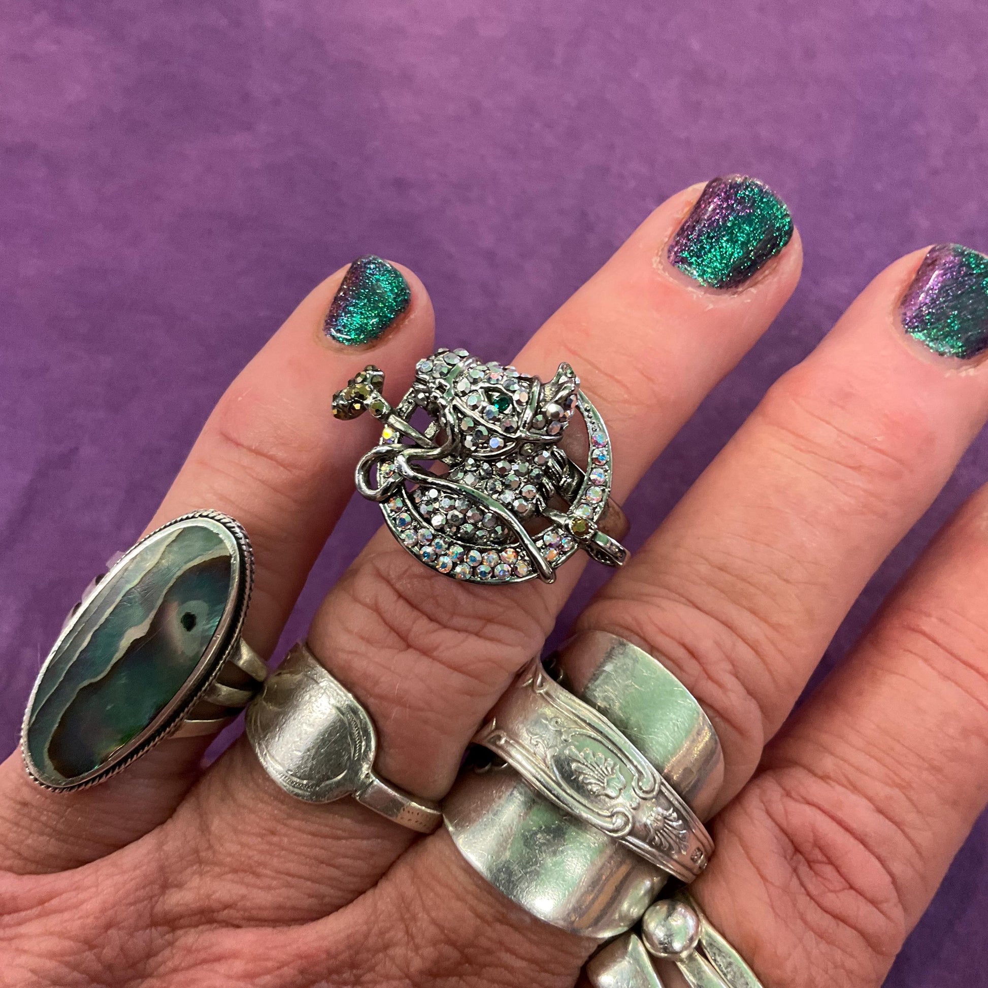 Vintage Butler and Wilson Silver Crystal Horse Adjustable Ring, Silver tone with silver & Borealis rhinestones, Equestrian, Horse lover gift