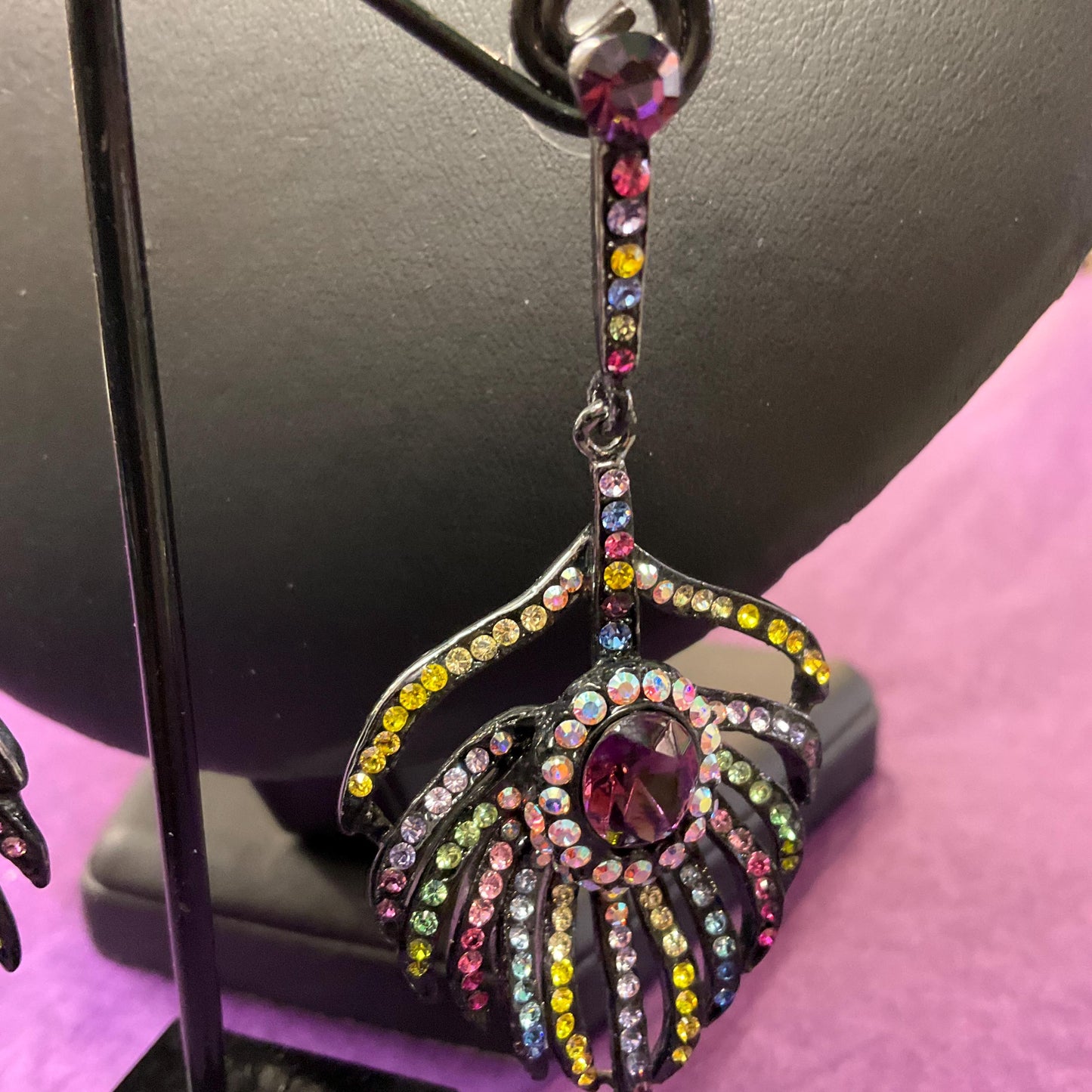 Vintage Butler and Wilson Bohemian Crystal Peacock Feather Statement Drop Earings, Pewter tone with multicoloured Rhinestones, Signed