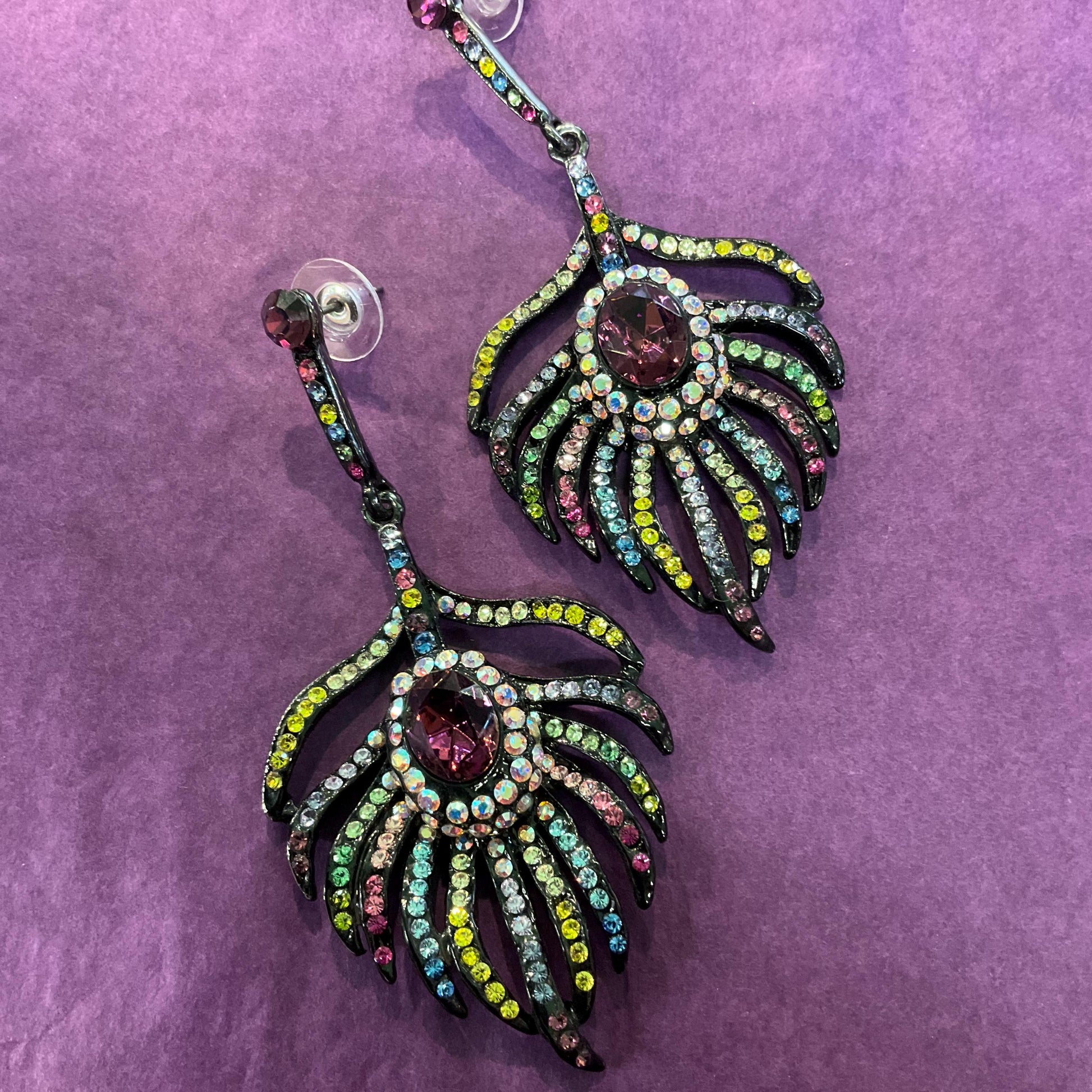 Vintage Butler and Wilson Bohemian Crystal Peacock Feather Statement Drop Earings, Pewter tone with multicoloured Rhinestones, Signed