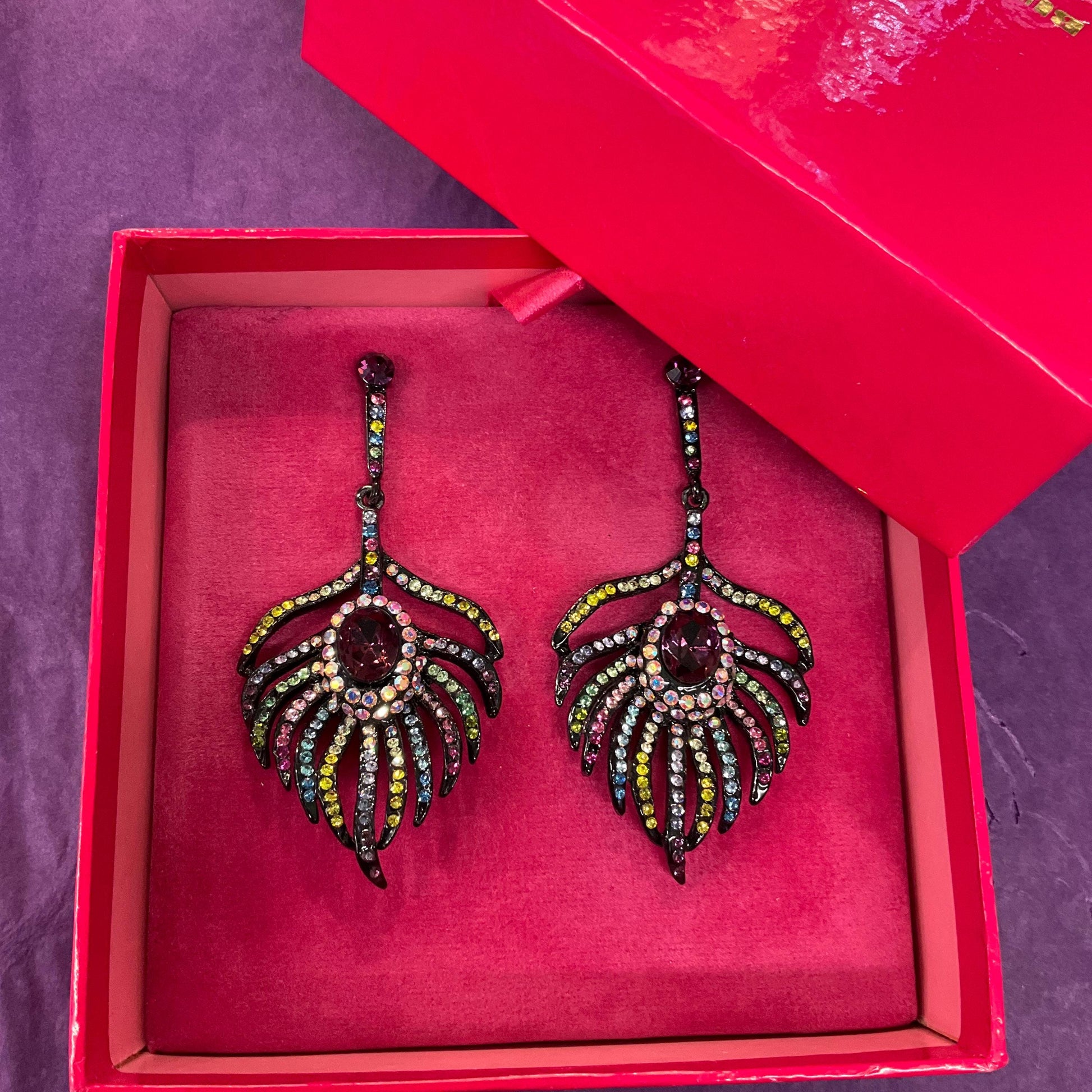 Vintage Butler and Wilson Bohemian Crystal Peacock Feather Statement Drop Earings, Pewter tone with multicoloured Rhinestones, Signed