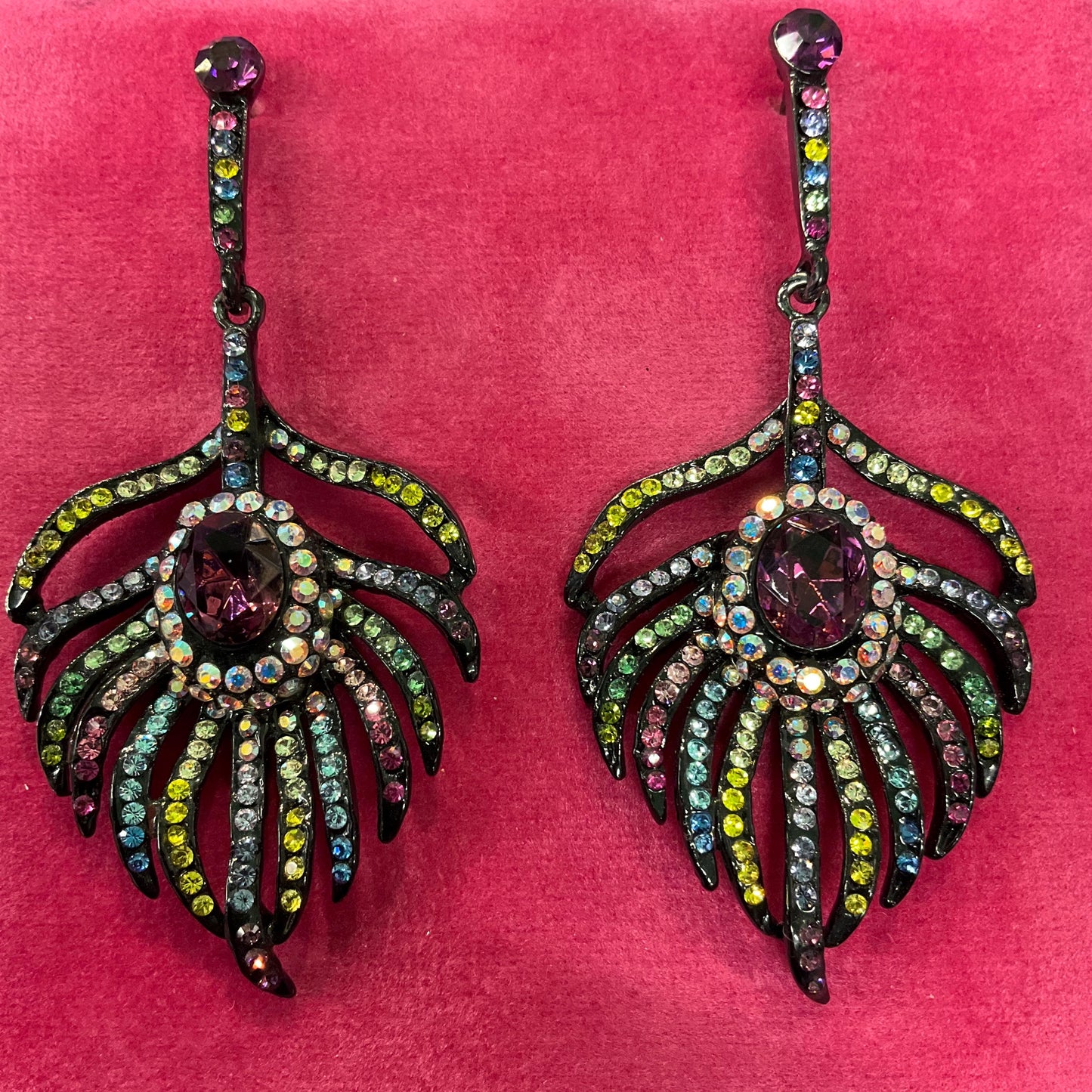 Vintage Butler and Wilson Bohemian Crystal Peacock Feather Statement Drop Earings, Pewter tone with multicoloured Rhinestones, Signed
