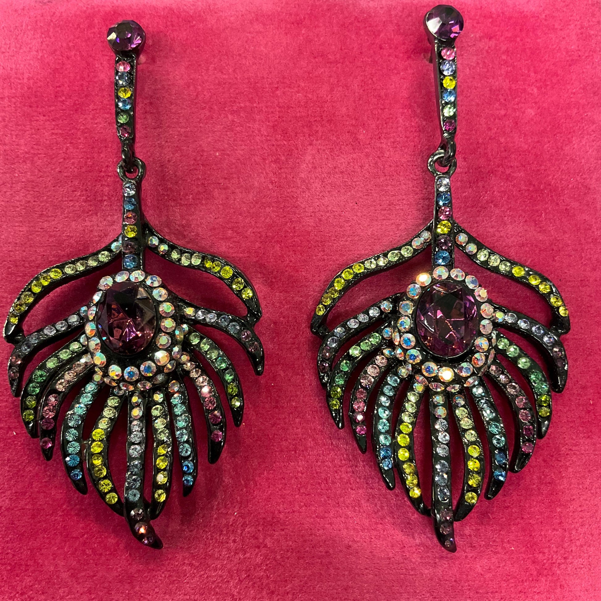 Vintage Butler and Wilson Bohemian Crystal Peacock Feather Statement Drop Earings, Pewter tone with multicoloured Rhinestones, Signed