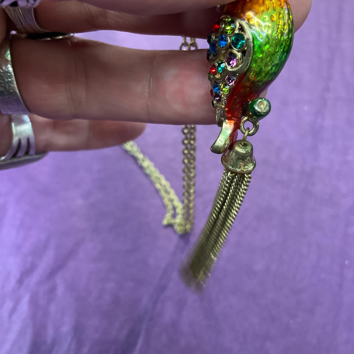 Vintage Butler and Wilson Bohemian Rainbow Crystal Kingfisher Tassled Pendant, Gols tone with Lustre Enamel & Multicoloured Rhinestones