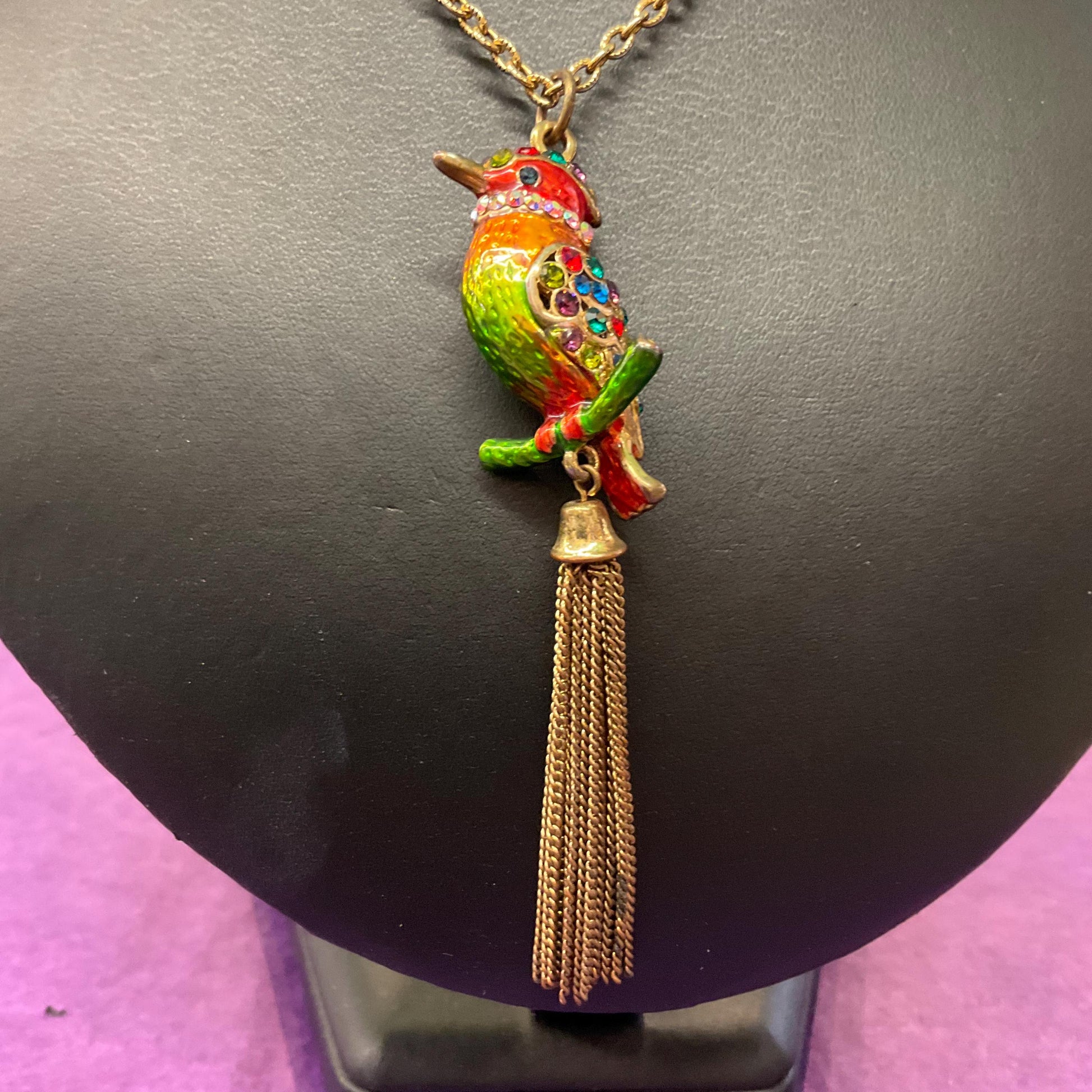 Vintage Butler and Wilson Bohemian Rainbow Crystal Kingfisher Tassled Pendant, Gols tone with Lustre Enamel & Multicoloured Rhinestones