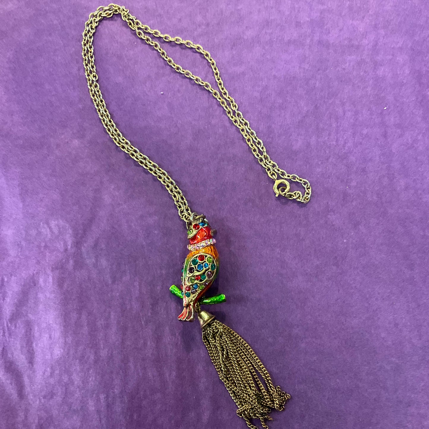 Vintage Butler and Wilson Bohemian Rainbow Crystal Kingfisher Tassled Pendant, Gols tone with Lustre Enamel & Multicoloured Rhinestones