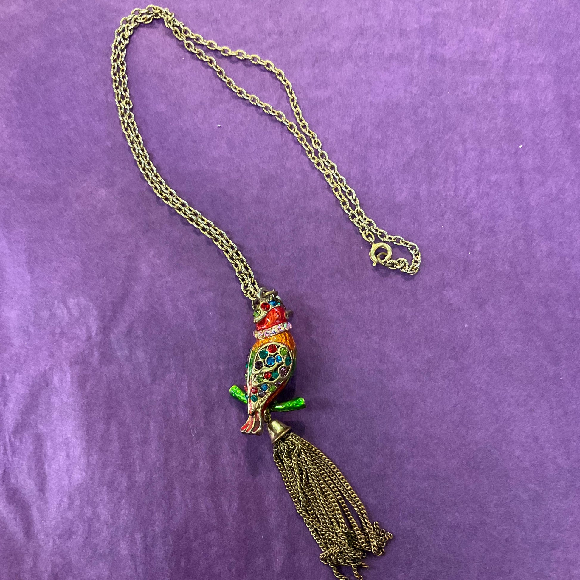 Vintage Butler and Wilson Bohemian Rainbow Crystal Kingfisher Tassled Pendant, Gols tone with Lustre Enamel & Multicoloured Rhinestones