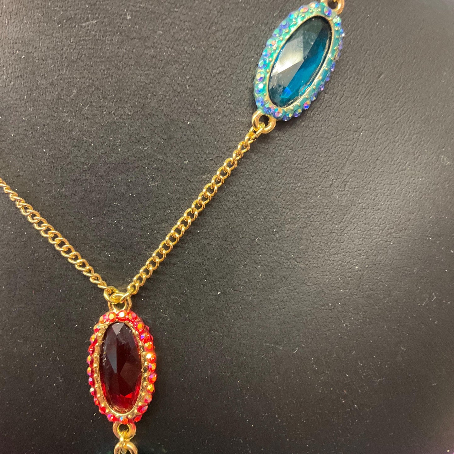 Vintage Butler and Wilson Rainbow Crystal ‘Y’ Drop Neccklace , Gold tone with Teal and Red Borealis faceted crystals and rhinestones