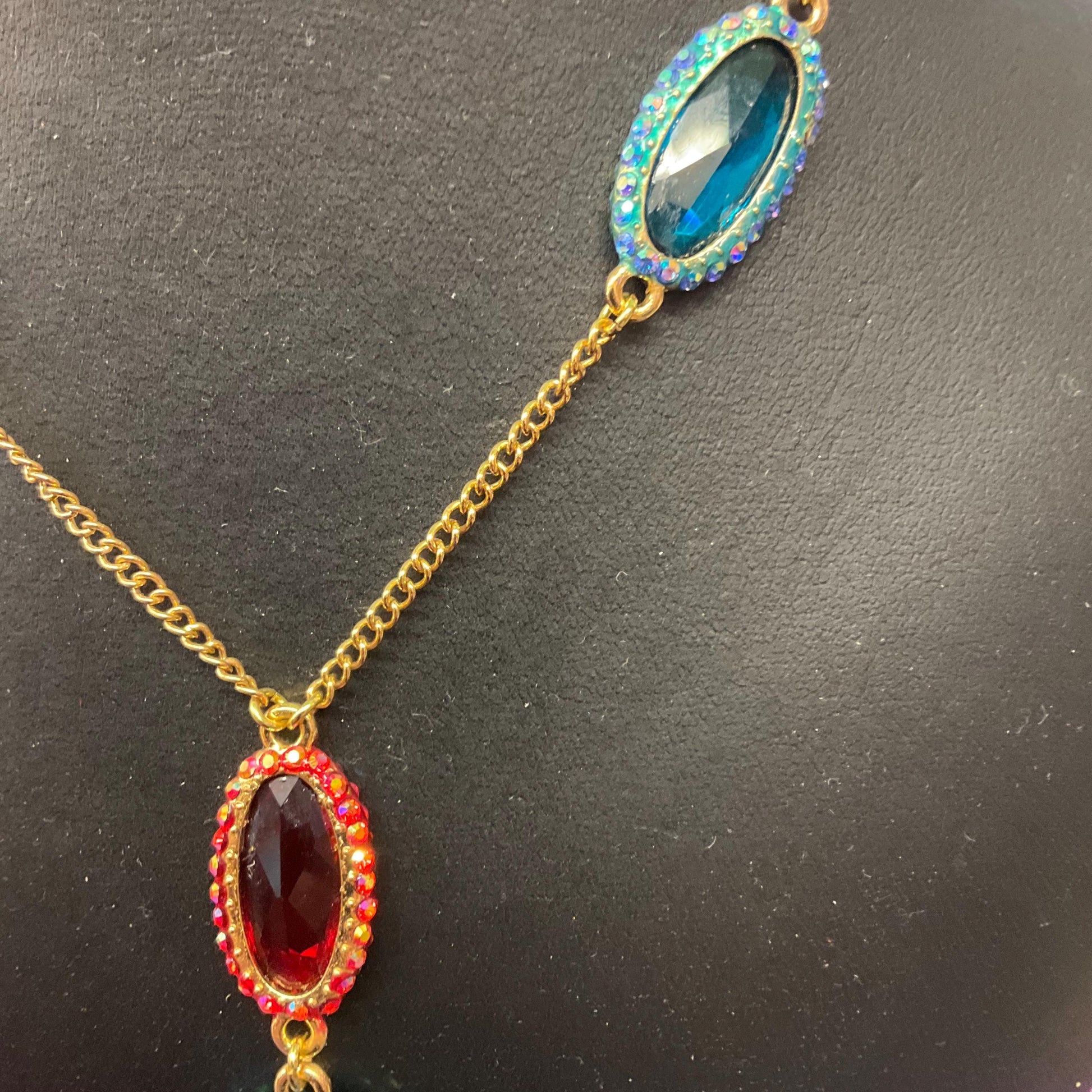 Vintage Butler and Wilson Rainbow Crystal ‘Y’ Drop Neccklace , Gold tone with Teal and Red Borealis faceted crystals and rhinestones