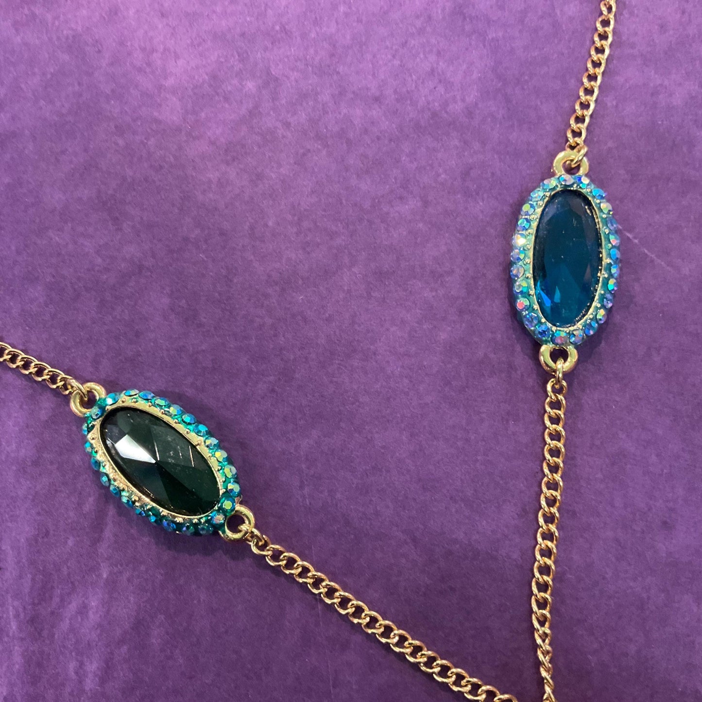 Vintage Butler and Wilson Rainbow Crystal ‘Y’ Drop Neccklace , Gold tone with Teal and Red Borealis faceted crystals and rhinestones