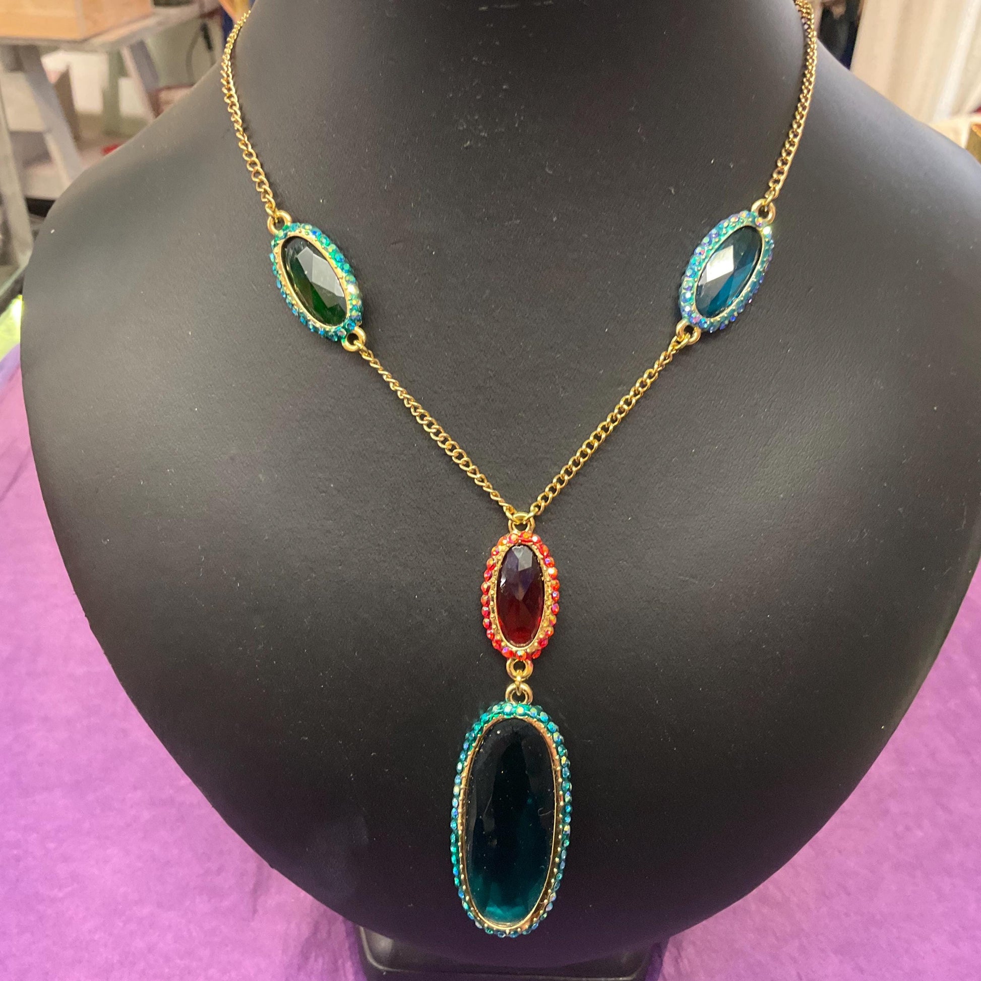 Vintage Butler and Wilson Rainbow Crystal ‘Y’ Drop Neccklace , Gold tone with Teal and Red Borealis faceted crystals and rhinestones