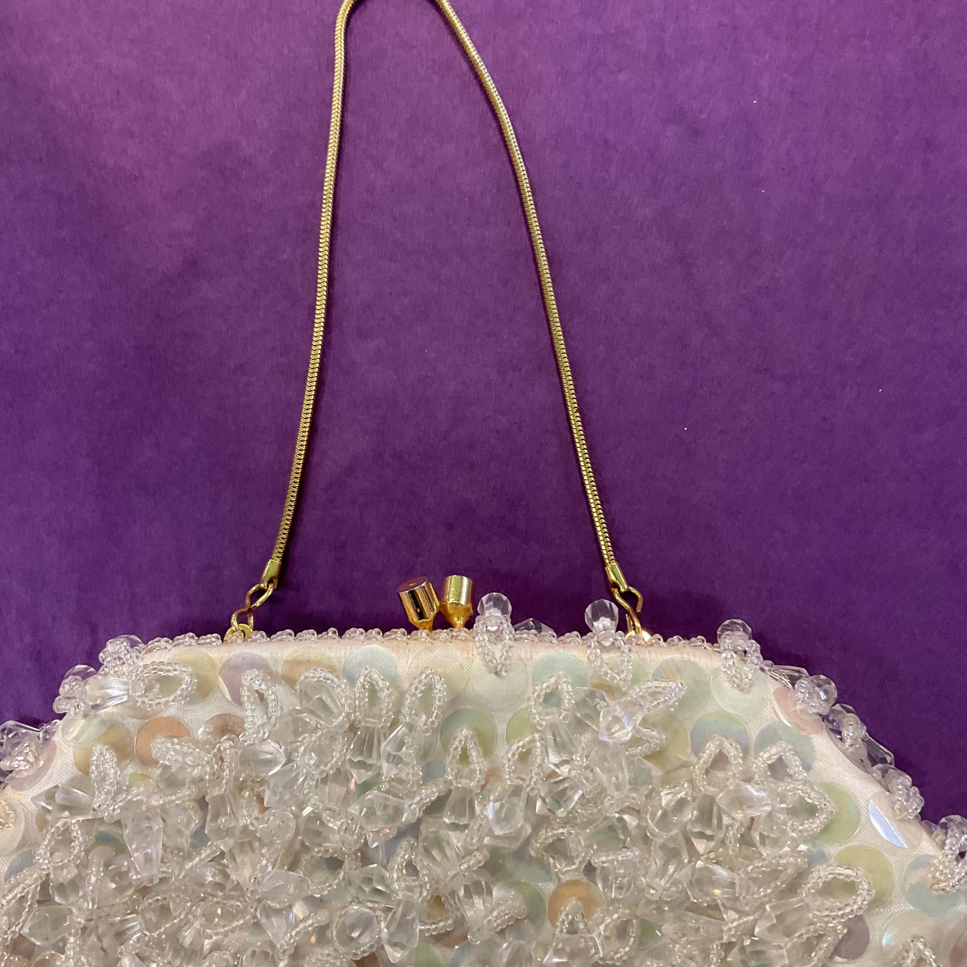 Vintage 1950s/60s Ivory Satin BeadedTassel Evening Bag, Aurora Beaded Sequins, Seed beads and clear Beaded tassels, Vintage Wedding