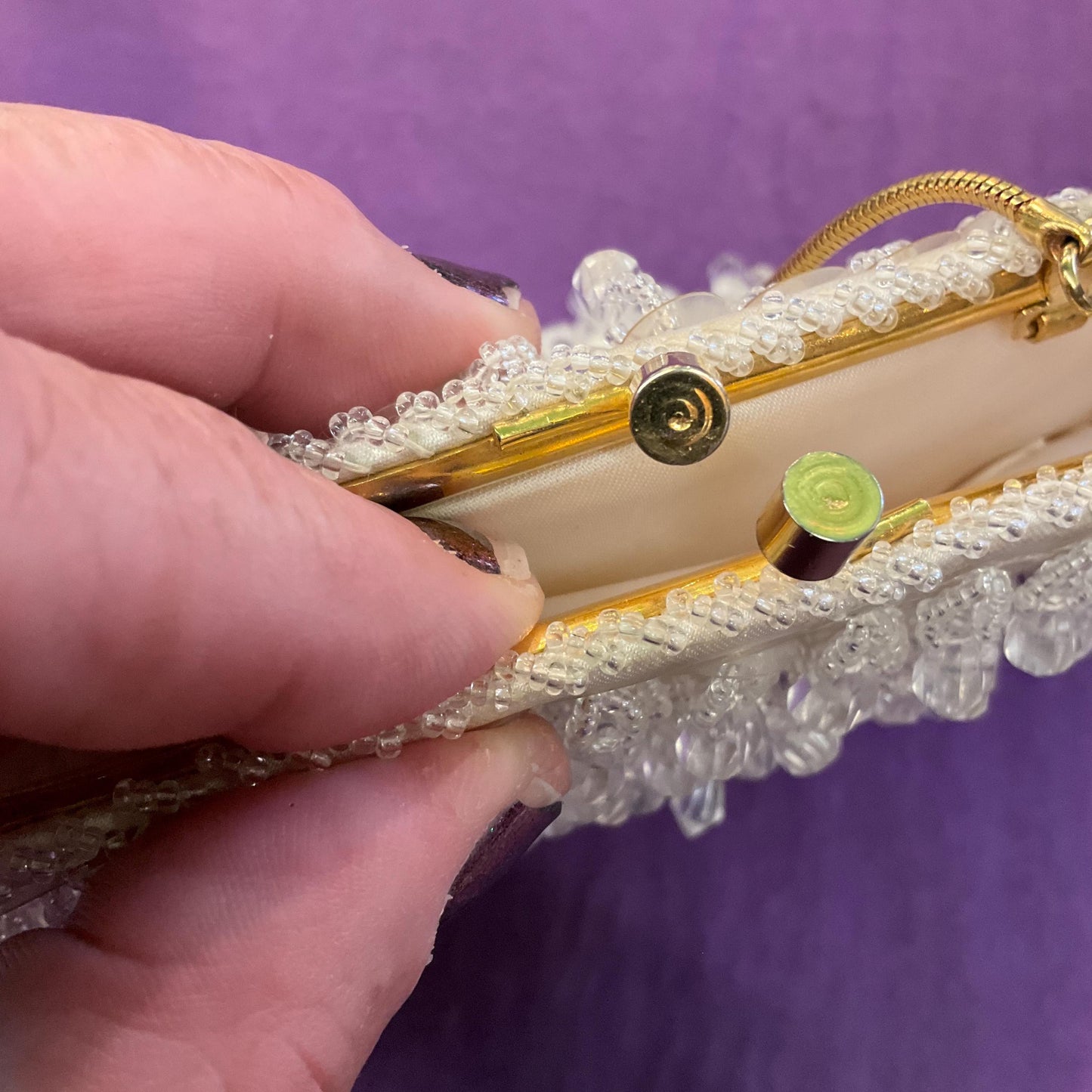 Vintage 1950s/60s Ivory Satin BeadedTassel Evening Bag, Aurora Beaded Sequins, Seed beads and clear Beaded tassels, Vintage Wedding