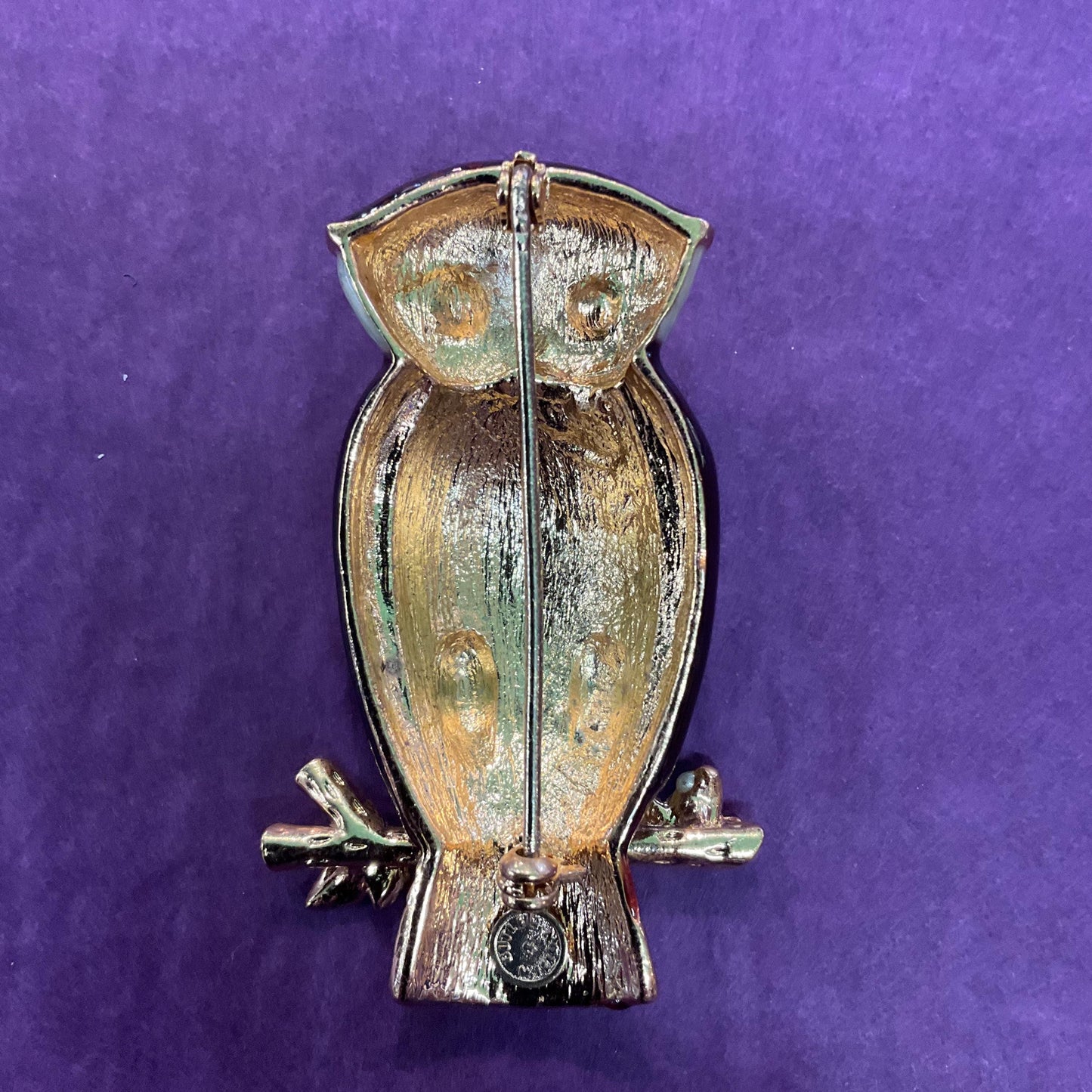 Vintage Butler and Wilson Large Crystal Owl Brooch , Gold Tone with Lustre Enamel and Green rhinestones, Owl lover gift