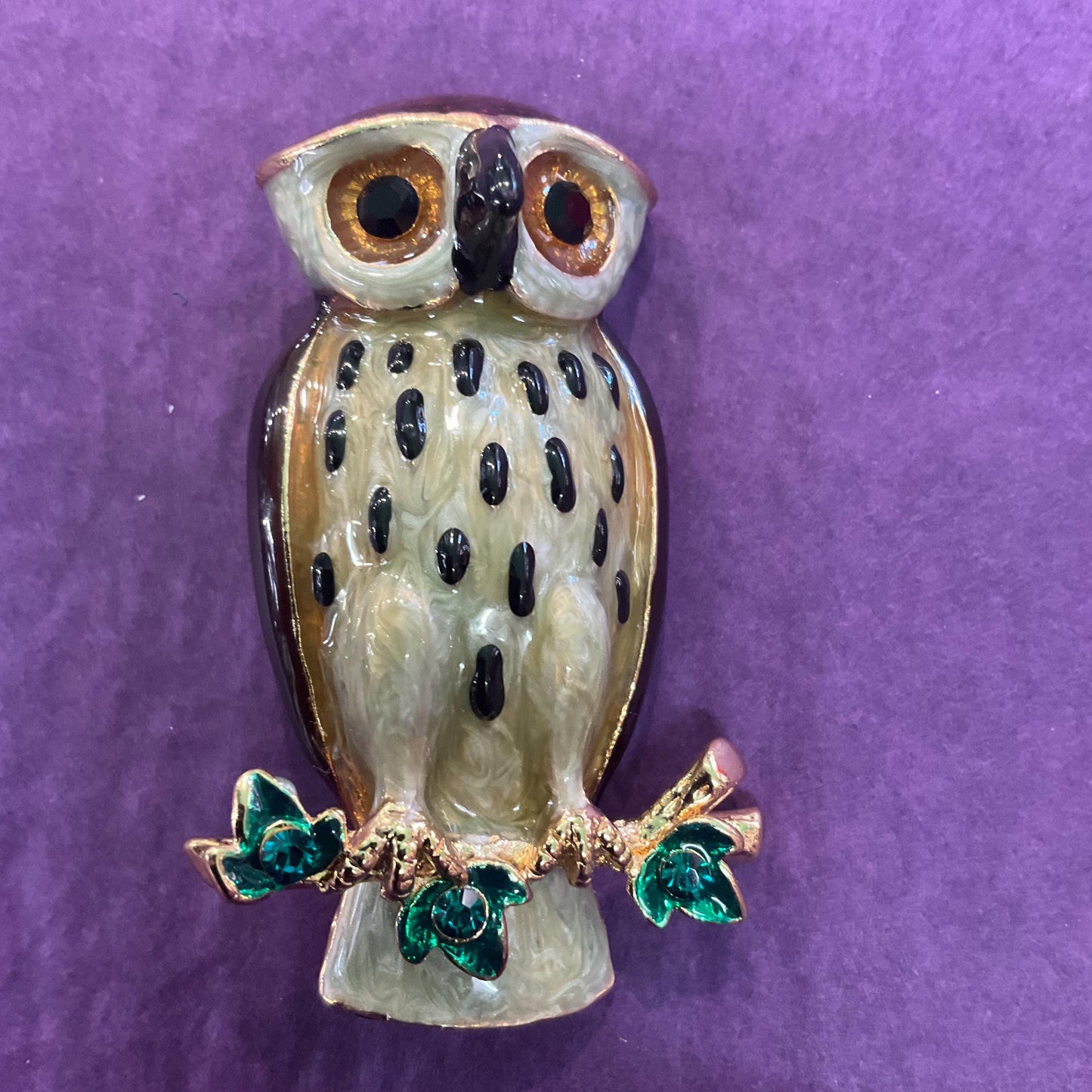 Vintage Butler and Wilson Large Crystal Owl Brooch , Gold Tone with Lustre Enamel and Green rhinestones, Owl lover gift