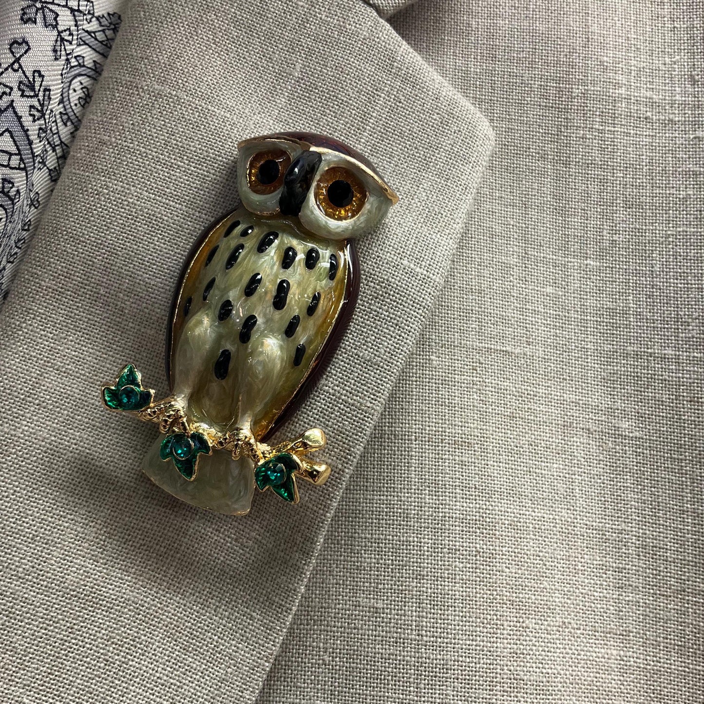 Vintage Butler and Wilson Large Crystal Owl Brooch , Gold Tone with Lustre Enamel and Green rhinestones, Owl lover gift