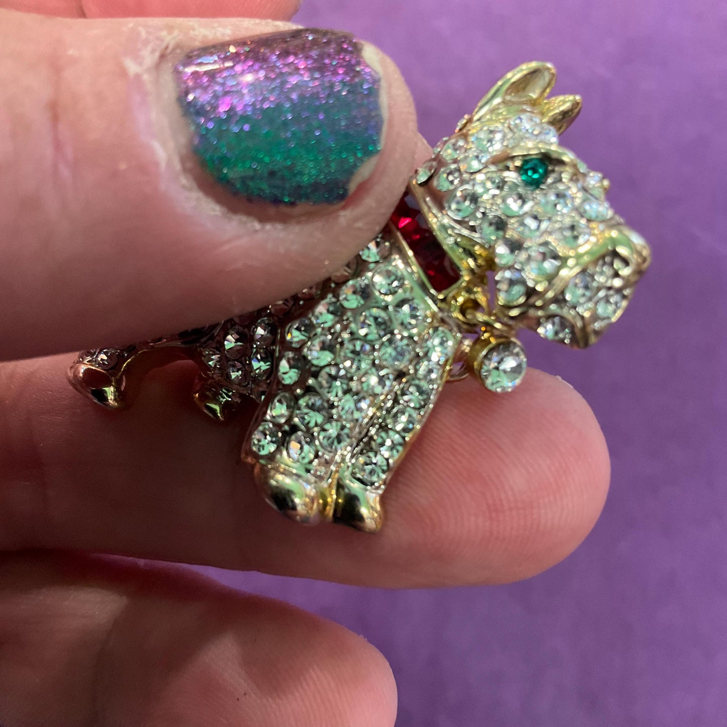 Vintage Butler and Wilson Silver Crystal Scottie Dog Brooch, Gold Tone with Silver, Red and Green rhinestones, Dog lover gift, signed