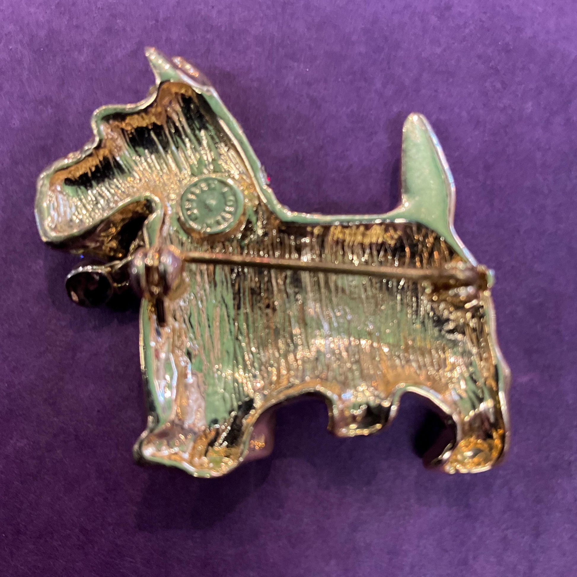 Vintage Butler and Wilson Silver Crystal Scottie Dog Brooch, Gold Tone with Silver, Red and Green rhinestones, Dog lover gift, signed