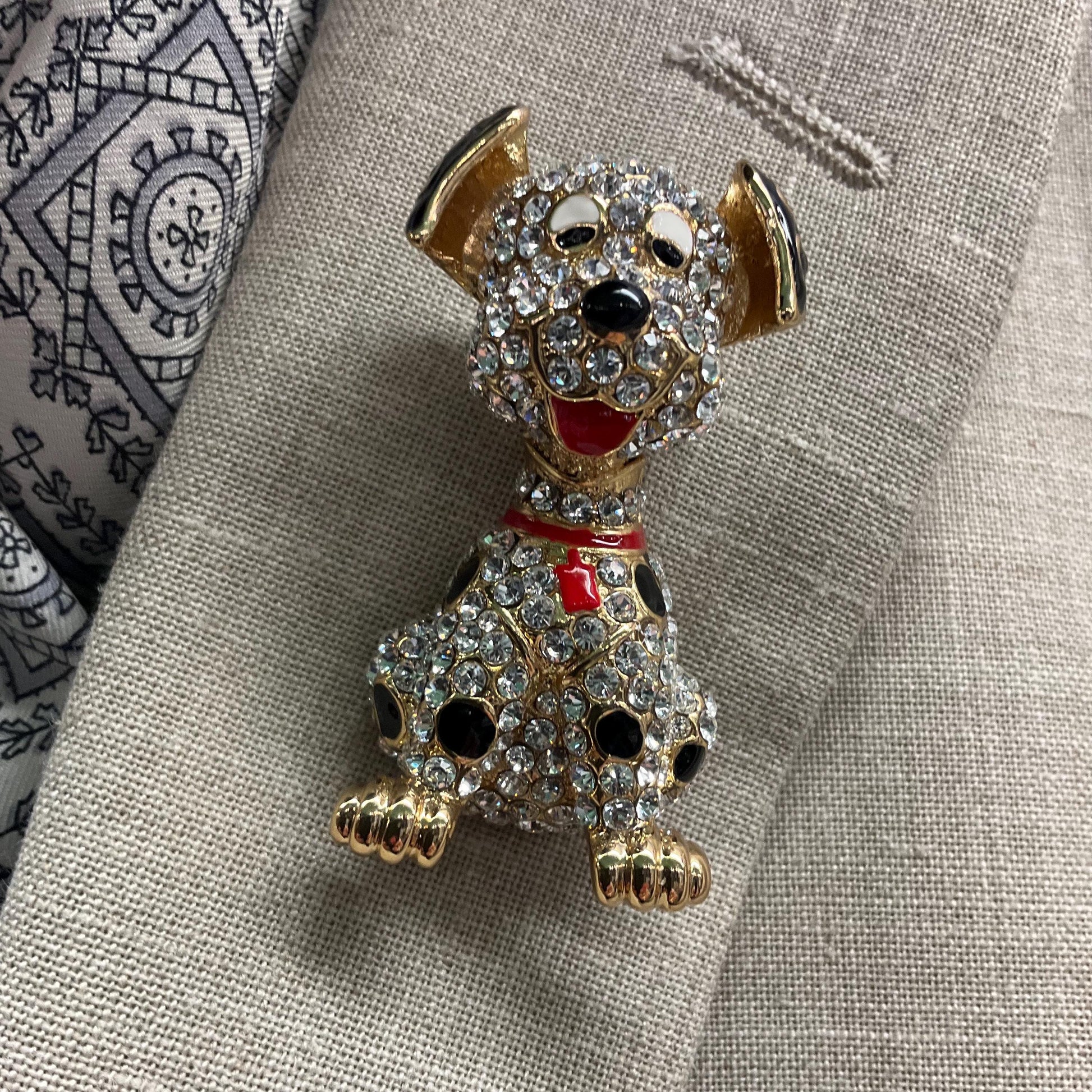 Vintage Butler and Wilson Crystal Large Dalmatian Brooch, Gold tone with Silver rhinestones and Enamel , Dog Lover gift