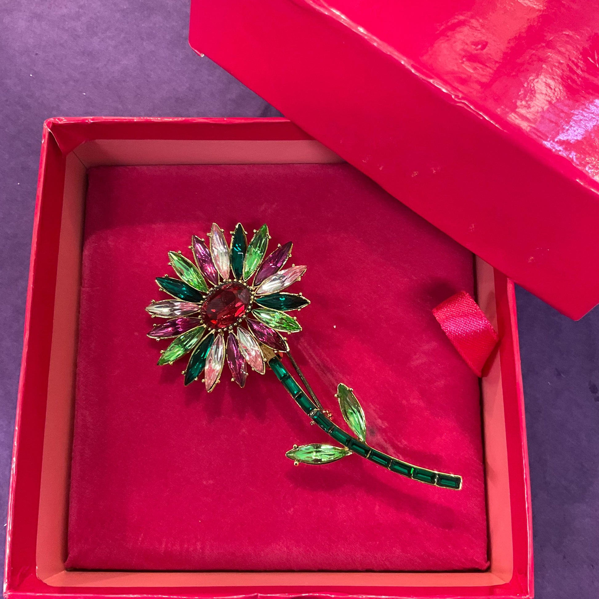 Vintage Butler and Wilson Large Crystal Gerberra Flower Brooch, Gold Tone with pink and Green faceted crystals, Signed in original box