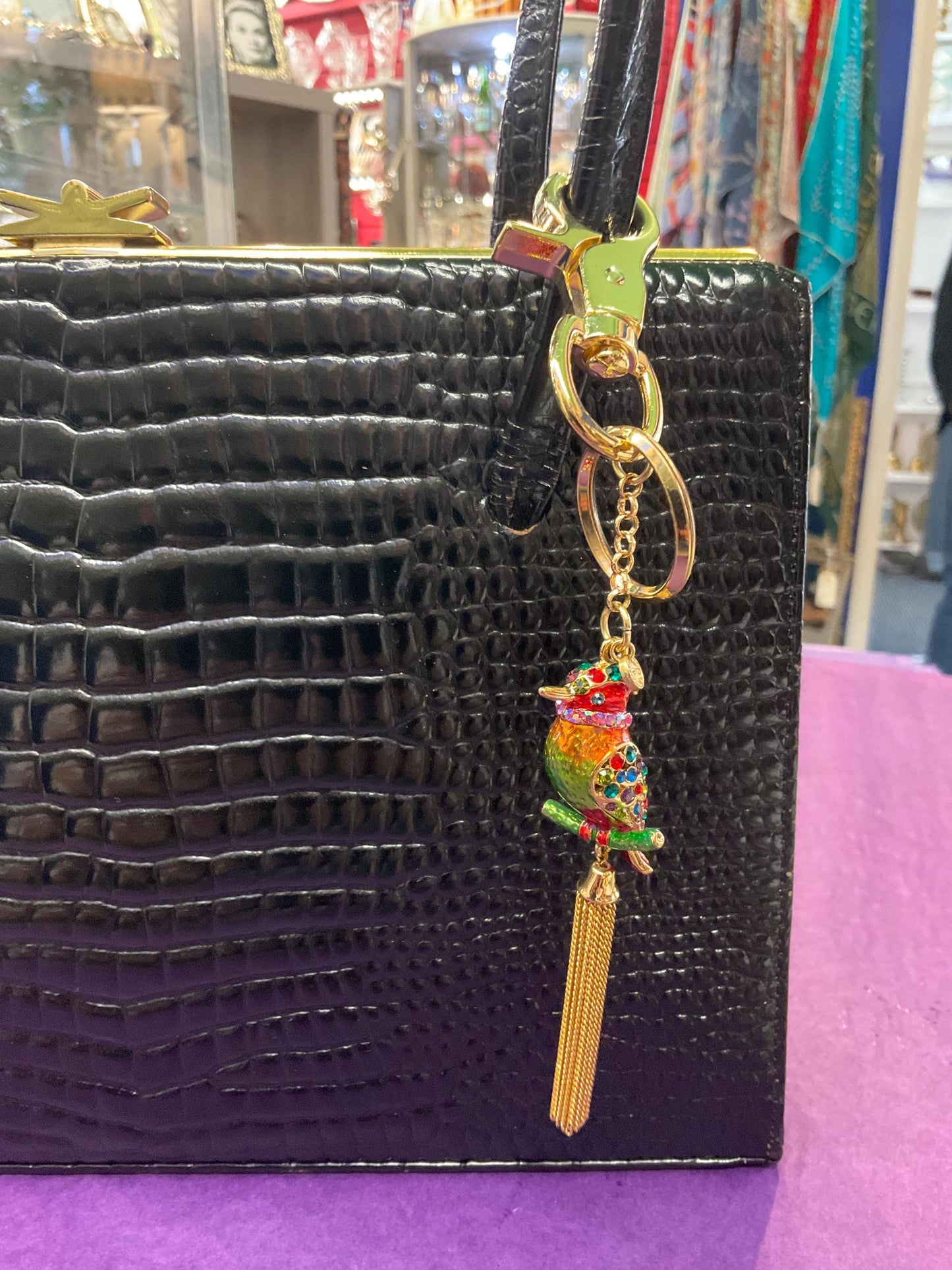 Vintage Butler and Wilson Rainbow Crystal Kingfisher Handbag Charm / Keychain, Gold tone with multicoloured enamel & Rhinestones