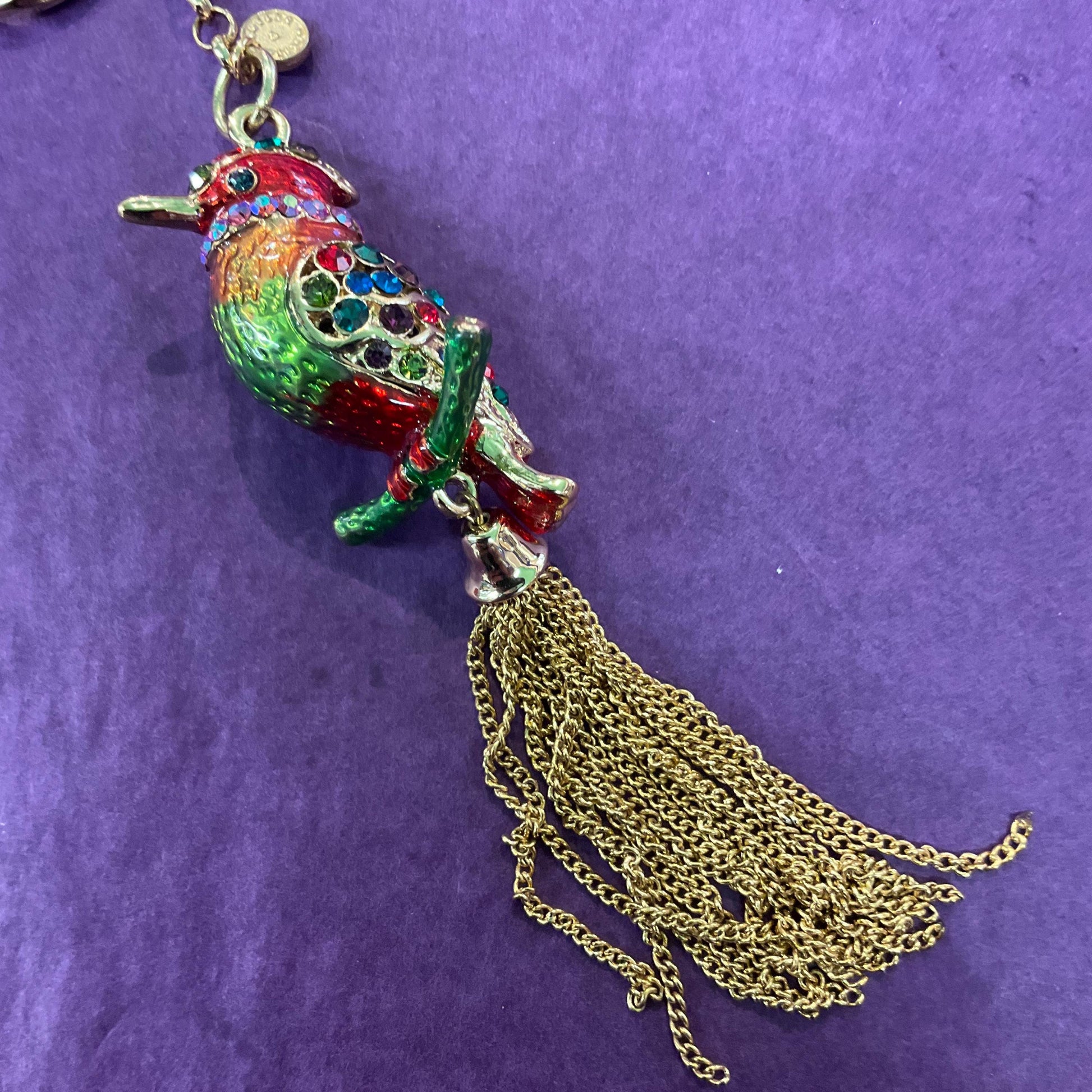 Vintage Butler and Wilson Rainbow Crystal Kingfisher Handbag Charm / Keychain, Gold tone with multicoloured enamel & Rhinestones