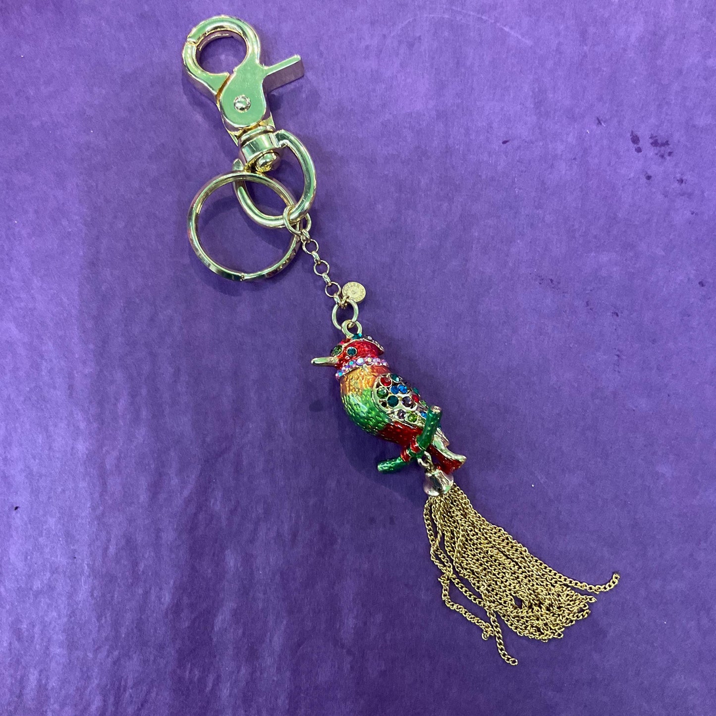 Vintage Butler and Wilson Rainbow Crystal Kingfisher Handbag Charm / Keychain, Gold tone with multicoloured enamel & Rhinestones