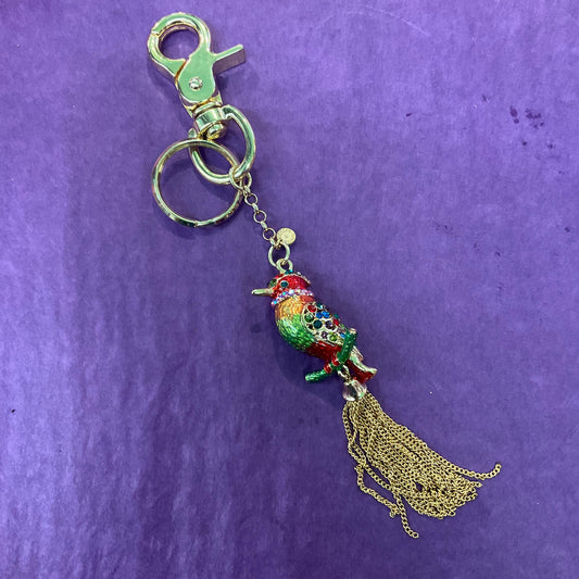 Vintage Butler and Wilson Rainbow Crystal Kingfisher Handbag Charm / Keychain, Gold tone with multicoloured enamel & Rhinestones